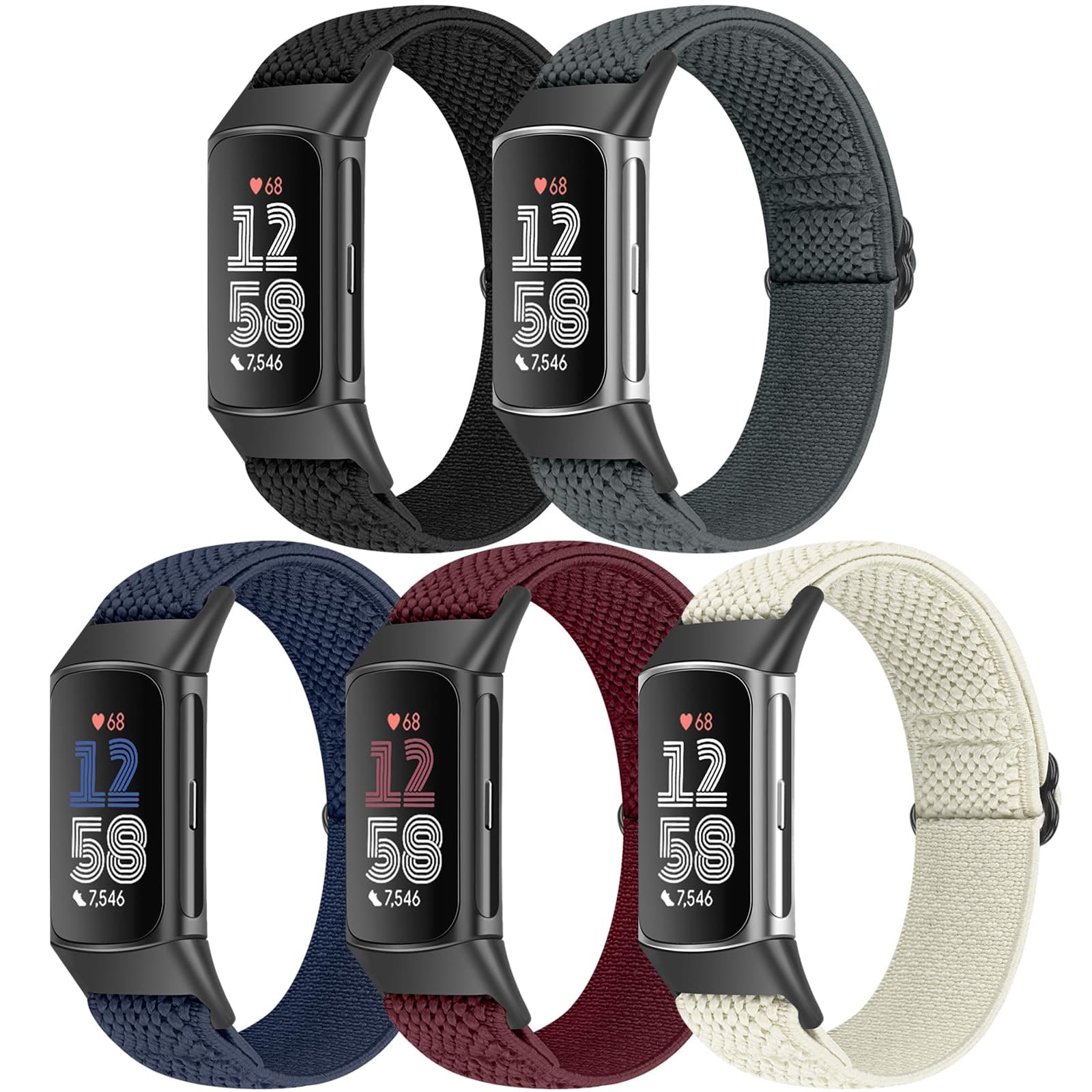 5 Pack Elastic Nylon Watch Bands Compatible for Fitbit Charge 6/Fitbit Charge 5, Adjustable Breathable Replacement Stretchy Nylon Loop Wristband Sport Strap for Women Men