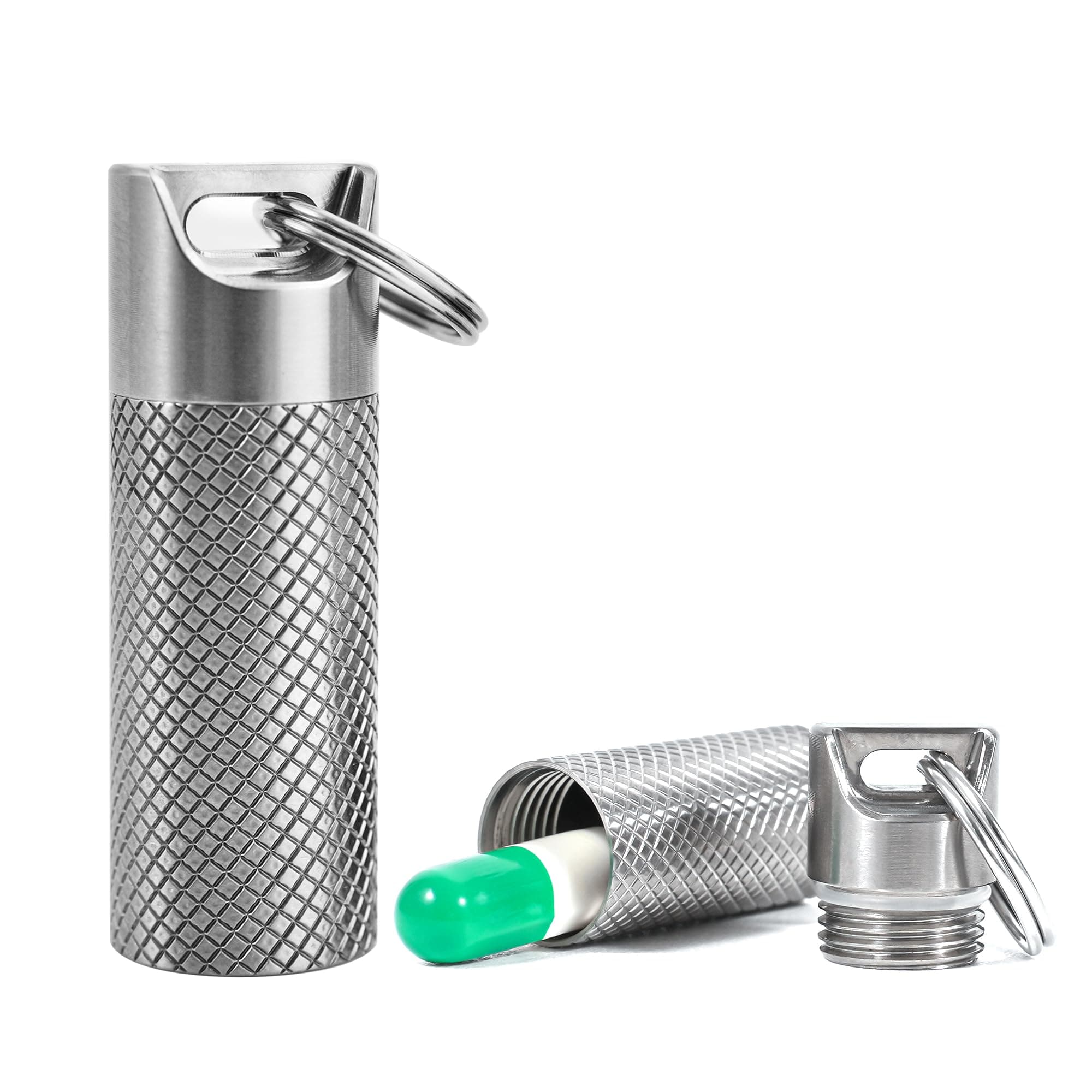 TISKY Mini Pill Box Container (2Pack), Portable Titanium Waterproof Keychain Pill Holder with Extra Necklace, Pocket Small Pill Case Pill Fob for Outdoor Travel Purse (Minisize)