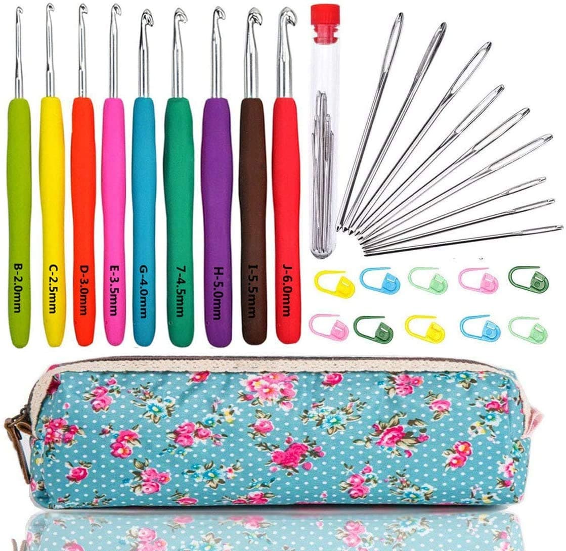 Large-Eye Blunt Needles Yarn Knitting Plus Crochet Hooks Set with Case for Arthritic Hands, Ergonomic Handle. Best Gift!