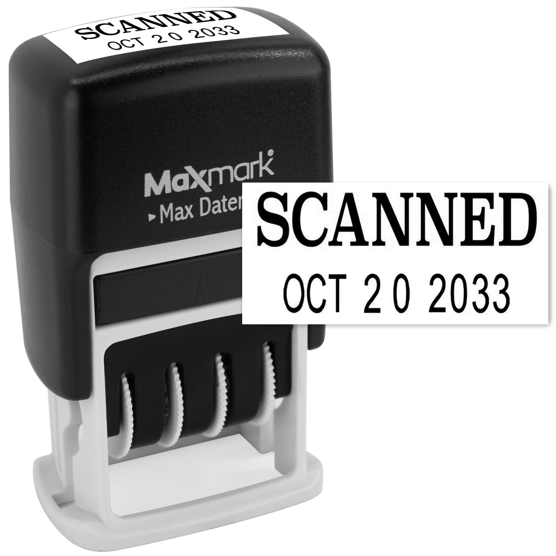 MaxMark Self-Inking Rubber Date Office Stamp with SCANNED Phrase & Date - BLACK INK (Max Dater II), 12-Year Band