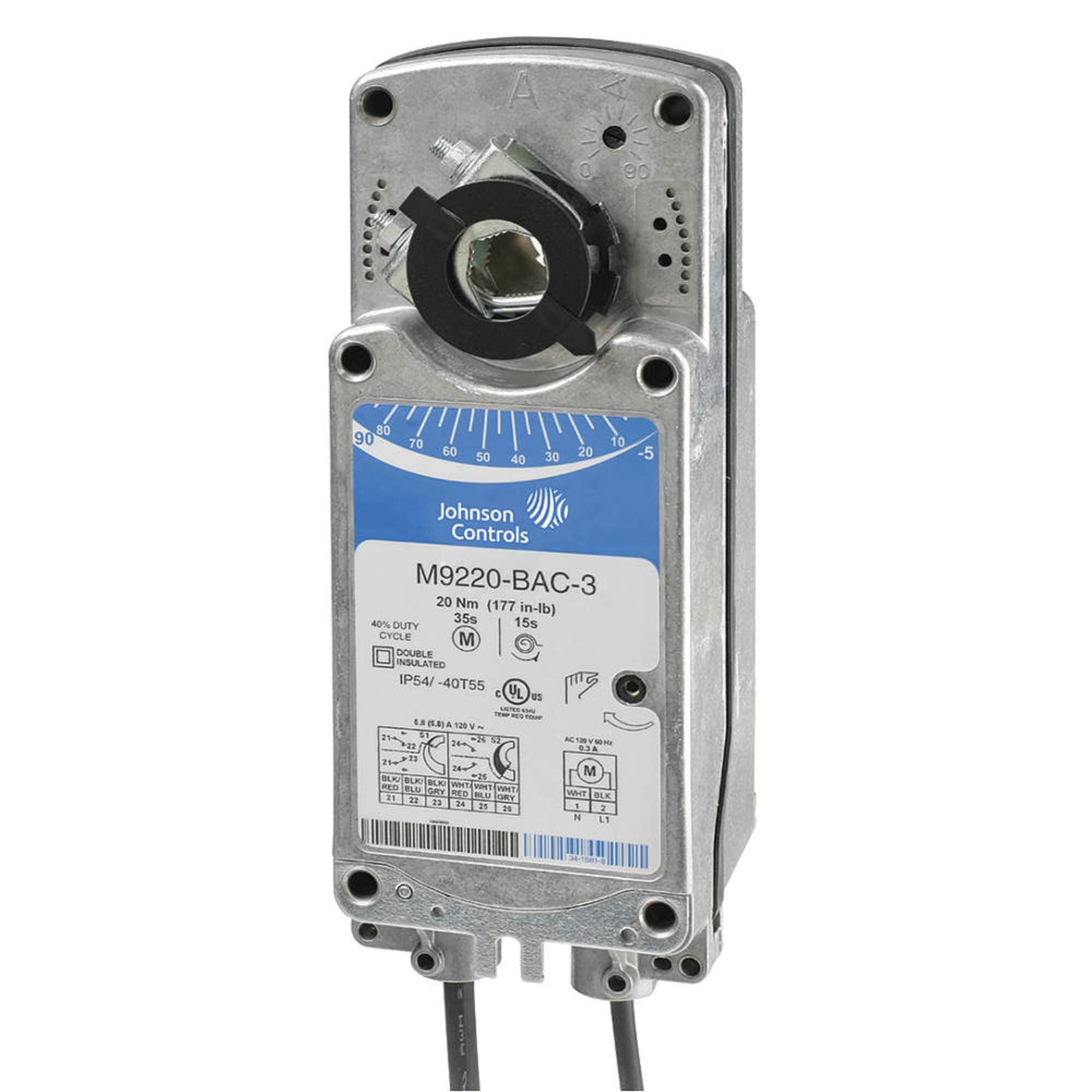 Johnson Controls M9220-BDC-3 Series M9220 Electric Spring-Return Damper Actuator, On/Off Control, Two Auxiliary Switch, 230 VAC, 50/60 Hz