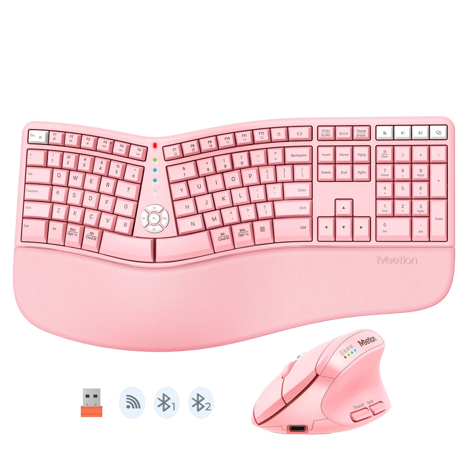 MEETION Ergonomic Keyboard and Mouse Wireless Combo, Bluetooth/2.4G Ergo Split Keyboard with Palm Rest, 4 DPI Adjustable Wireless Mouse, Full Size Rechargeable Keyboard for Windows/Mac/Android Pink