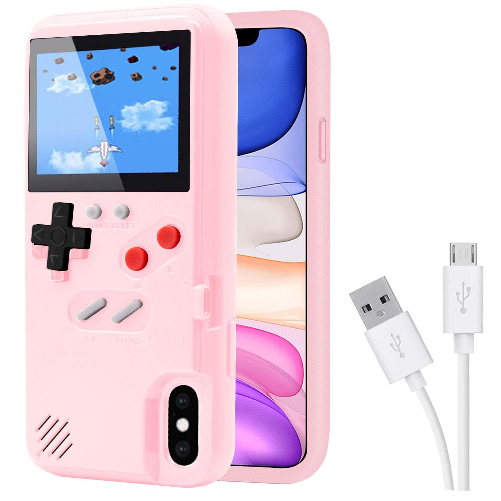 Game Case for iPhone, Retro Protective Case with Own Power Supply, 36 Small Games, Colour Display, Video Game Case for iPhone X/Xs (Pink)