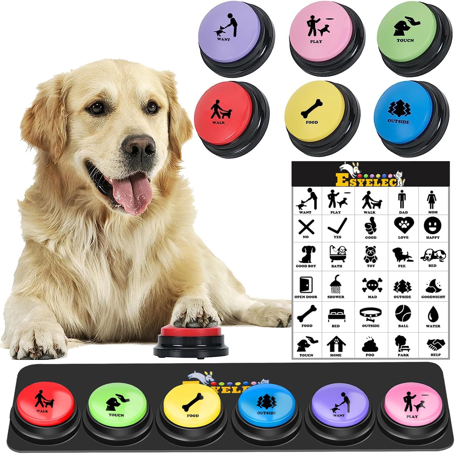 6 Pcs Dog Talking Button Set, Dog Buttons for Communication 30s Voice Recording Speaking Button Pet Speech Training Buzzers with 30 Scene Stickers and Waterproof Anti-Slip Mat for Animal Training