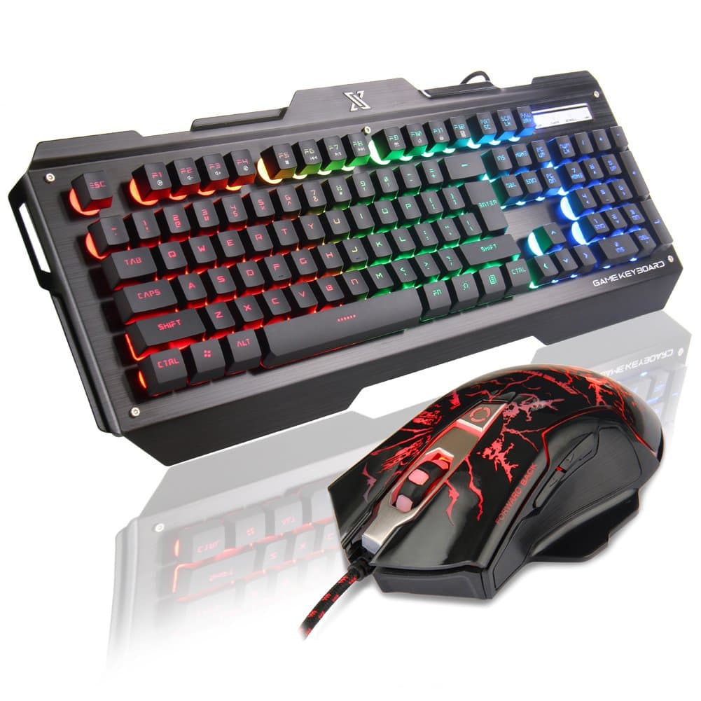 TNI Rainbow Backlit Gaming Keyboard & Mouse Combo with Multi Color Keyboard 4 Colors Cool Crack Mouse 21 Keys no Conflict 12 Multimedia Keys Mechanical Feel Waterproof (2016)