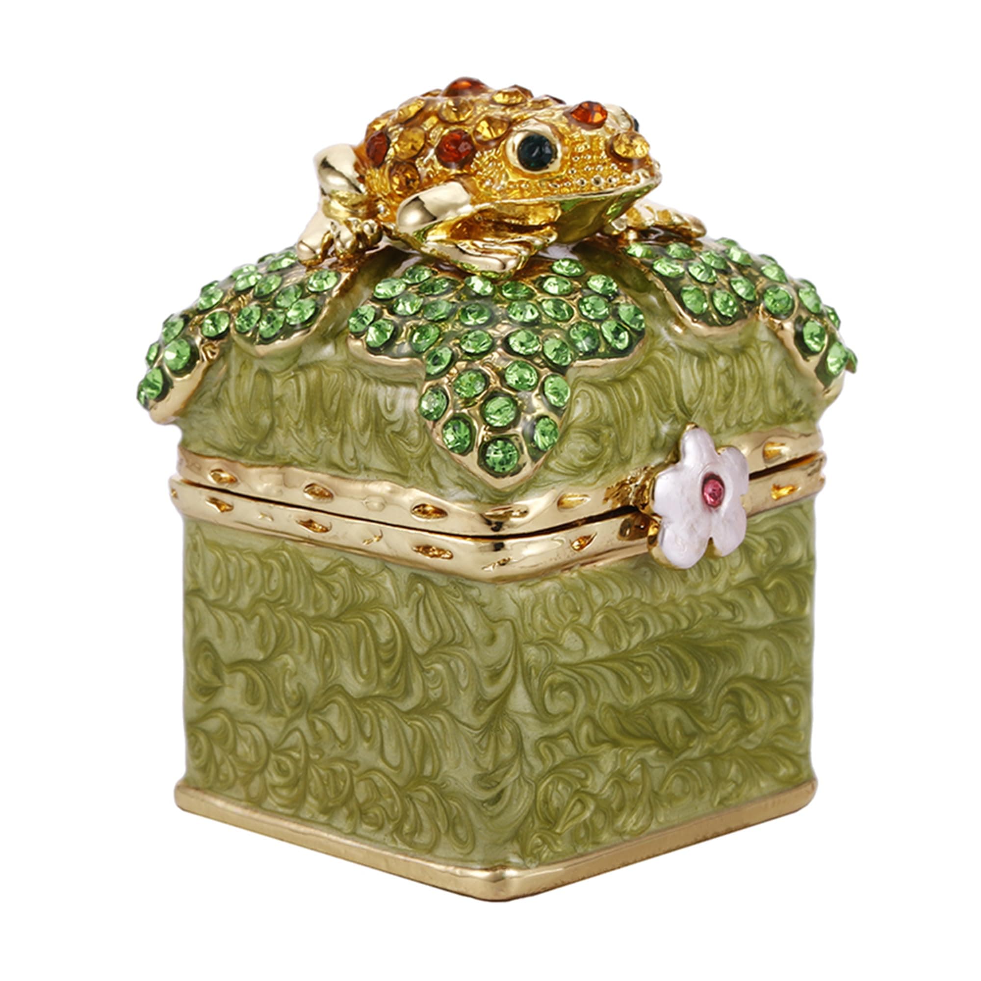 Vie jeune Hand Painted Enameled Mini Frog Trinket Box, Hinged Unique Mini Ring Necklace Jewelry Organizer, Classical Bejeweled Storage, Figurine Collectible Keepsake Home Decor (Frog on Box)