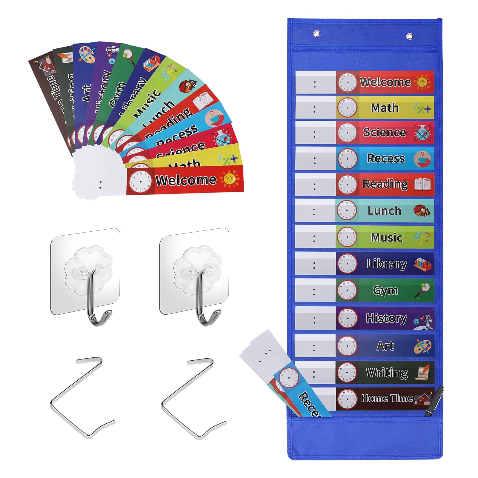 Wjiang Daily Schedule Pocket Chart for Classroom, 13+1 Visual Class Schedule Pocket Calendar Behavior Chart Class Calendar with Reversible Dry Erase Cards, for Classroom Homeschooling Office Meeting