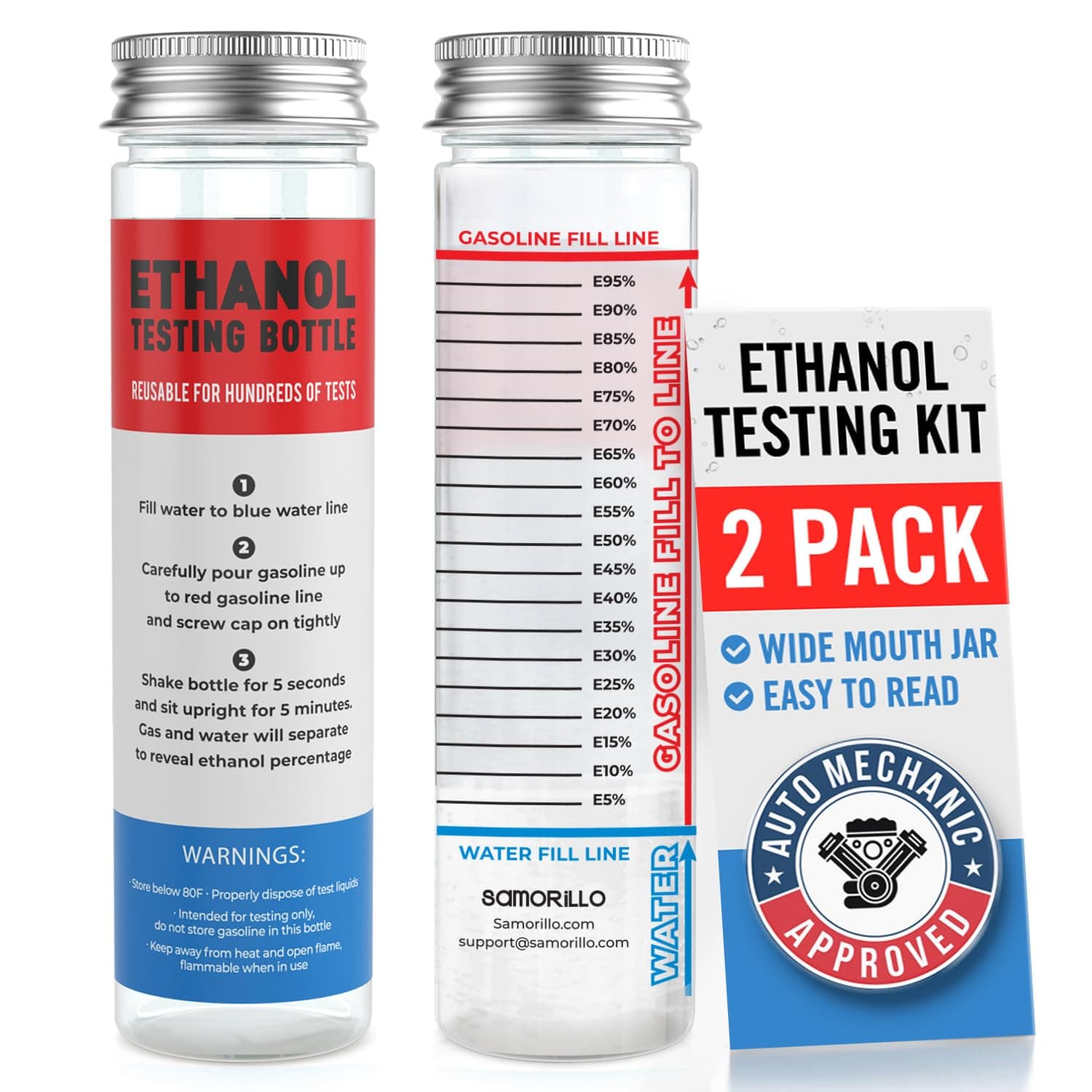[2-Pack] Reusable Ethanol Testing Kit - Wide Mouth Fuel Test Bottle for E85 and Ethanol Levels - Fewer Spills and Clear Results in Minutes - Test Hundreds of Times - Two Ethanol Test Bottles Included