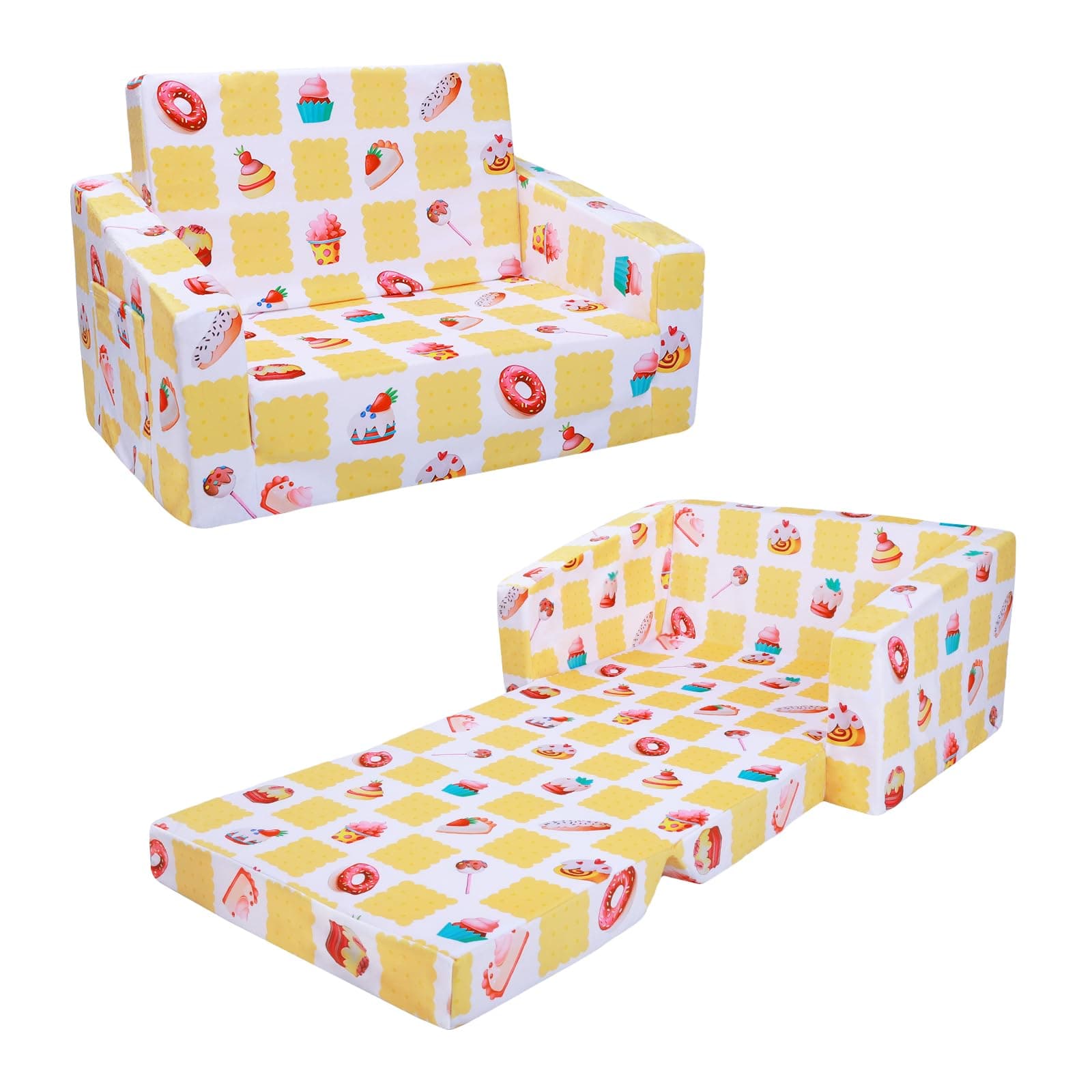 Foldable Kids Sofa Chair, 2 in 1 Flip Open, Soft Toddler Couch with Pocket, Children's Sofa for Bedroom Nursery, Gift for Girls - Cookie