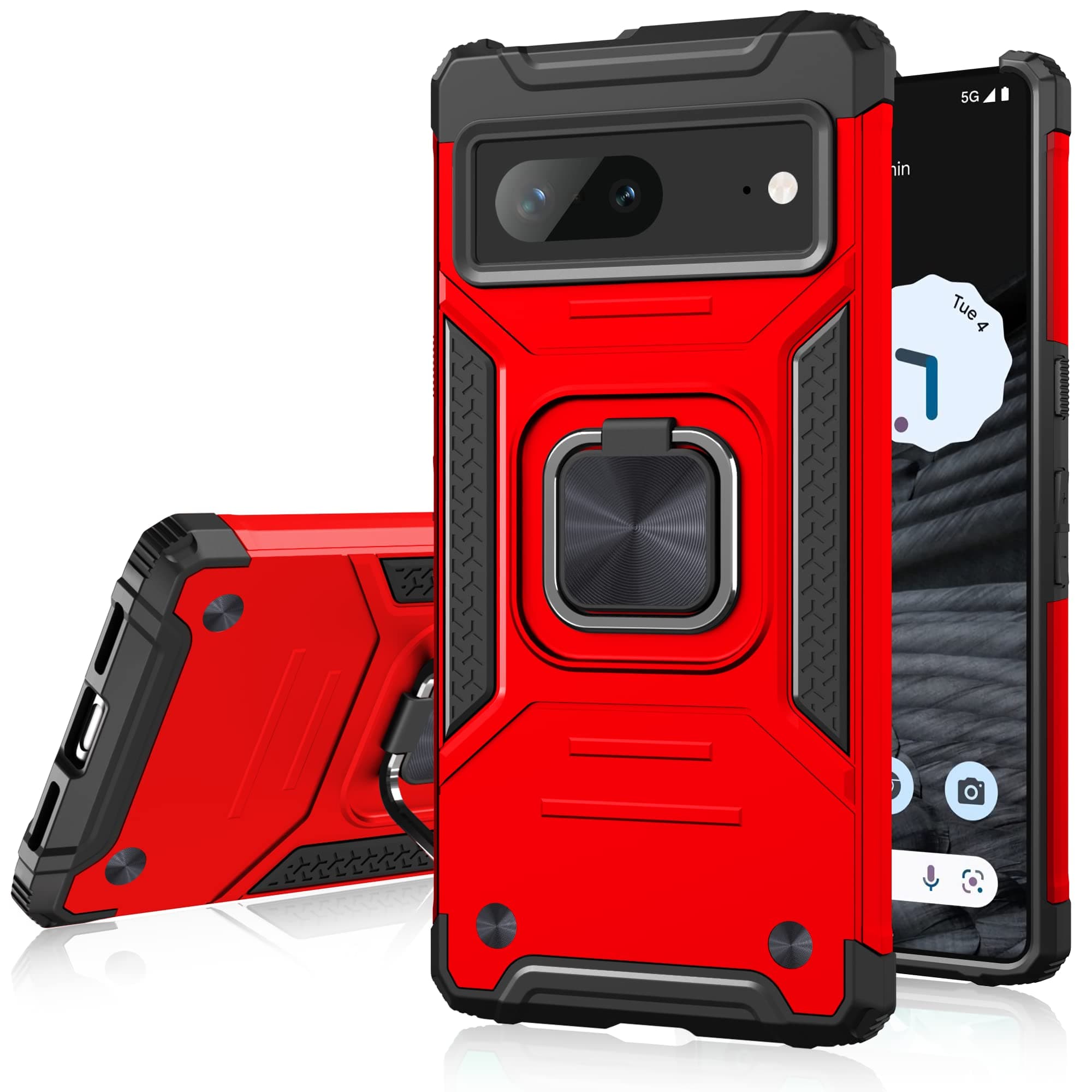 Honeyview ShockProof Case for Google Pixel 7 with Ring Kickstand, Bumper Armour Phone Cover for Google Pixel 7 - Red
