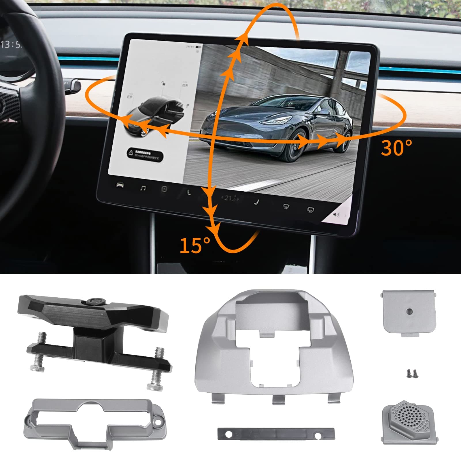 Screen Swivel Mount Compatible with Tesla Model 3 2017-2023 & Model Y 2020-2024 Center Console Navigation Original Silver Screen Rotating Holder Model Y 2025 Accessories (Four Directions)