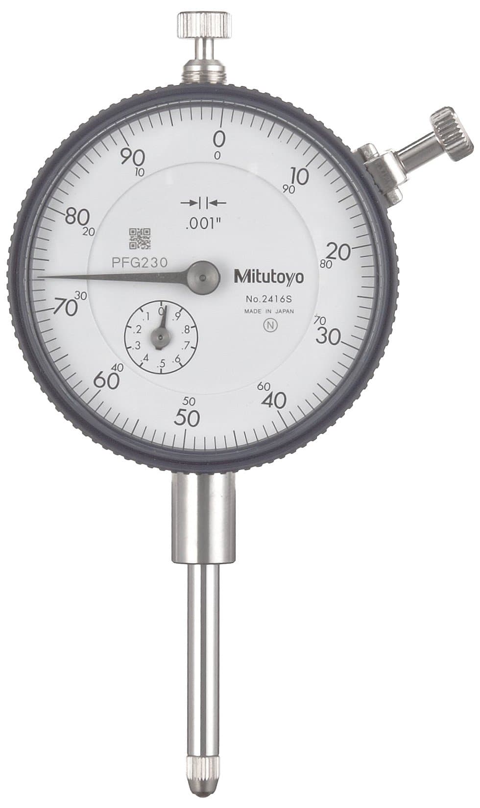 Mitutoyo "2416S" Dial Indicator, 4-48 UNF Thread, 0.375" Stem Dia., lug Back," White Dial, 0-100 Reading, 2.244" Dial Dia., 0-1" Range, 0.001" Graduation, -0.002" Accuracy