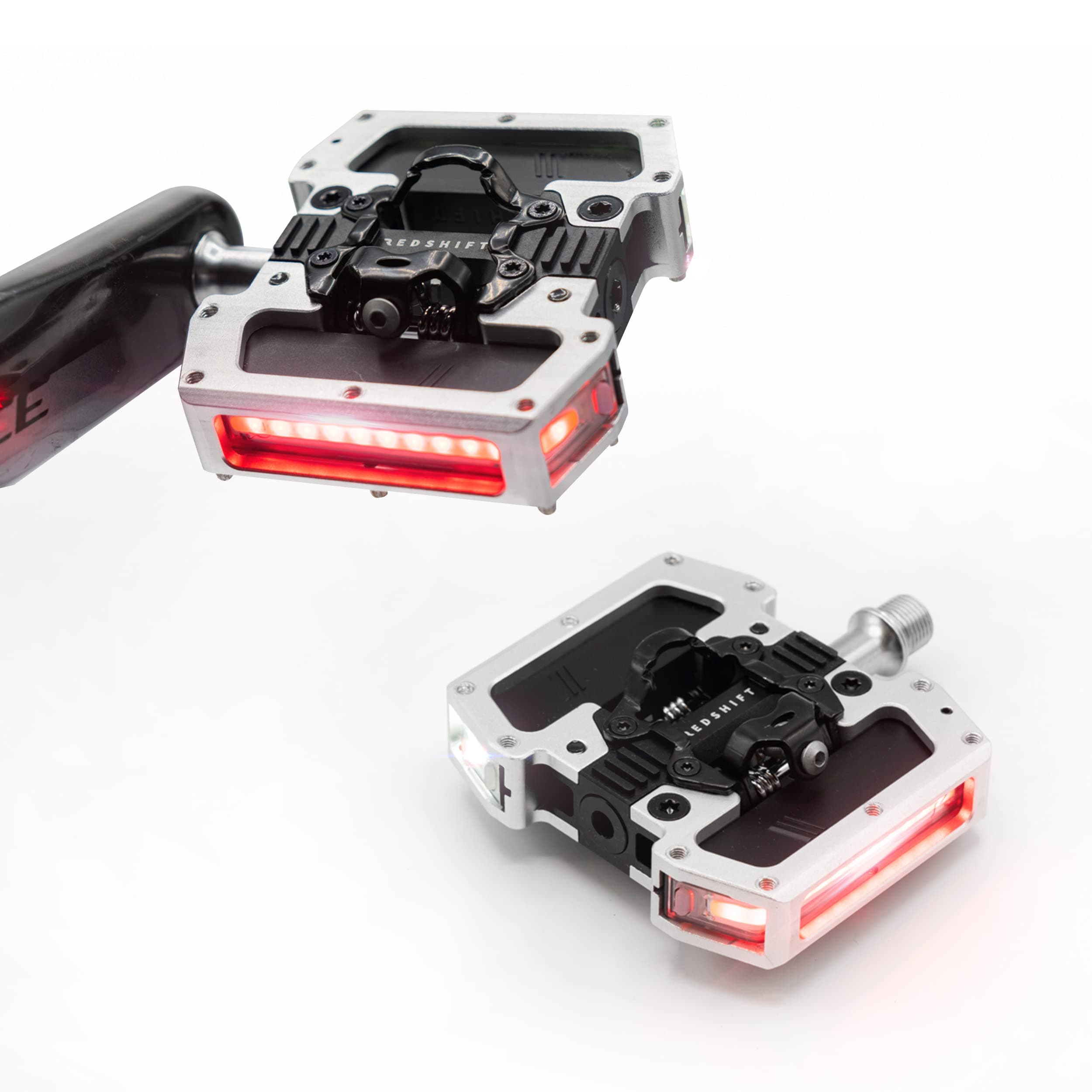 REDSHIFT ARCLIGHT PRO Clipless Bicycle Pedals compatible with SPD with Smart LED Lights, Auto On-Off, 36+ hr Battery, USB Rechargeable, Weatherproof Pedals with 9/16in Steel Spindle - Silver