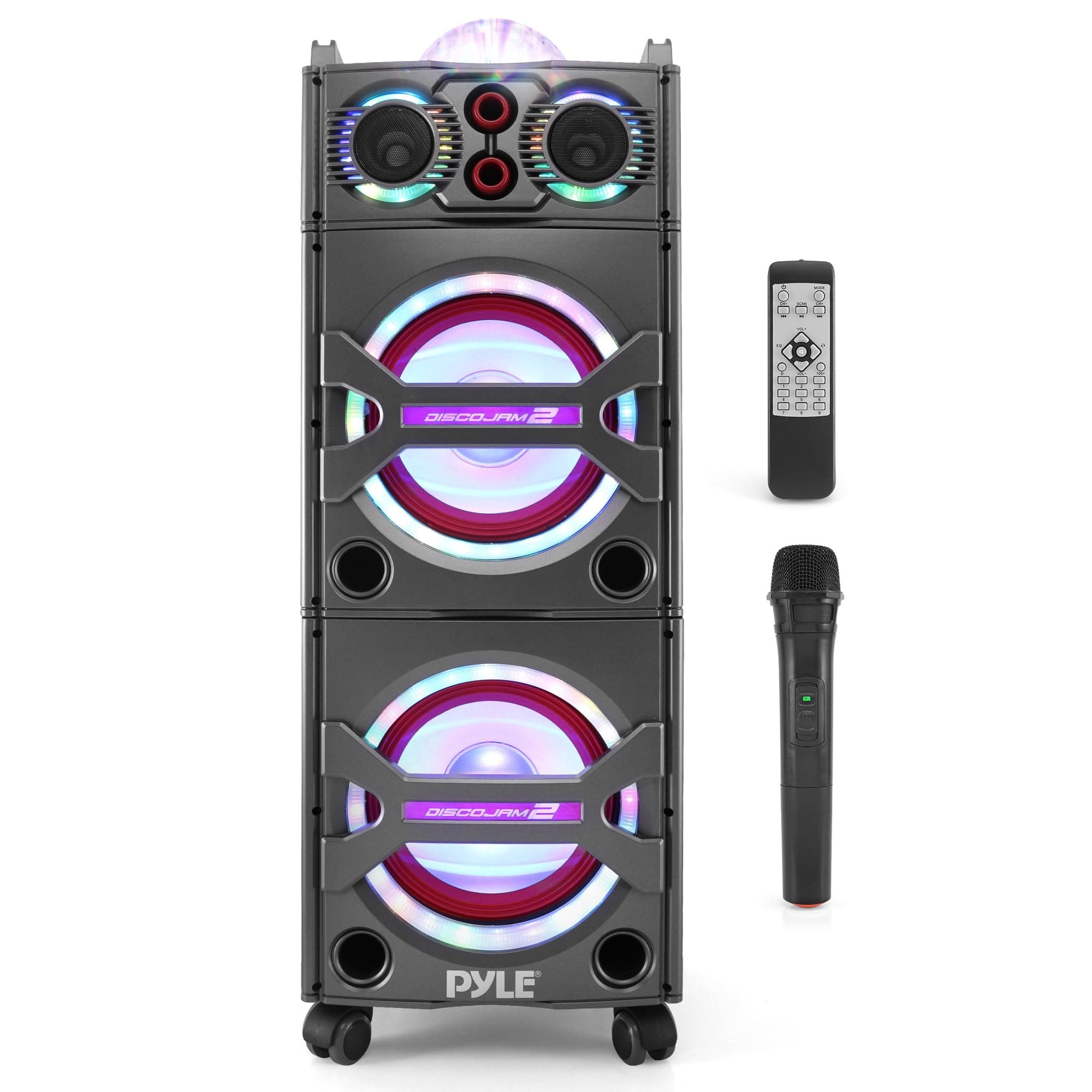 Pyle Portable Bluetooth PA Speaker System, 2000W Active PA System with Wireless Microphone, DJ Speaker with Lights, USB, SD, AUX, RCA, FM Radio, Karaoke Outdoor Speaker