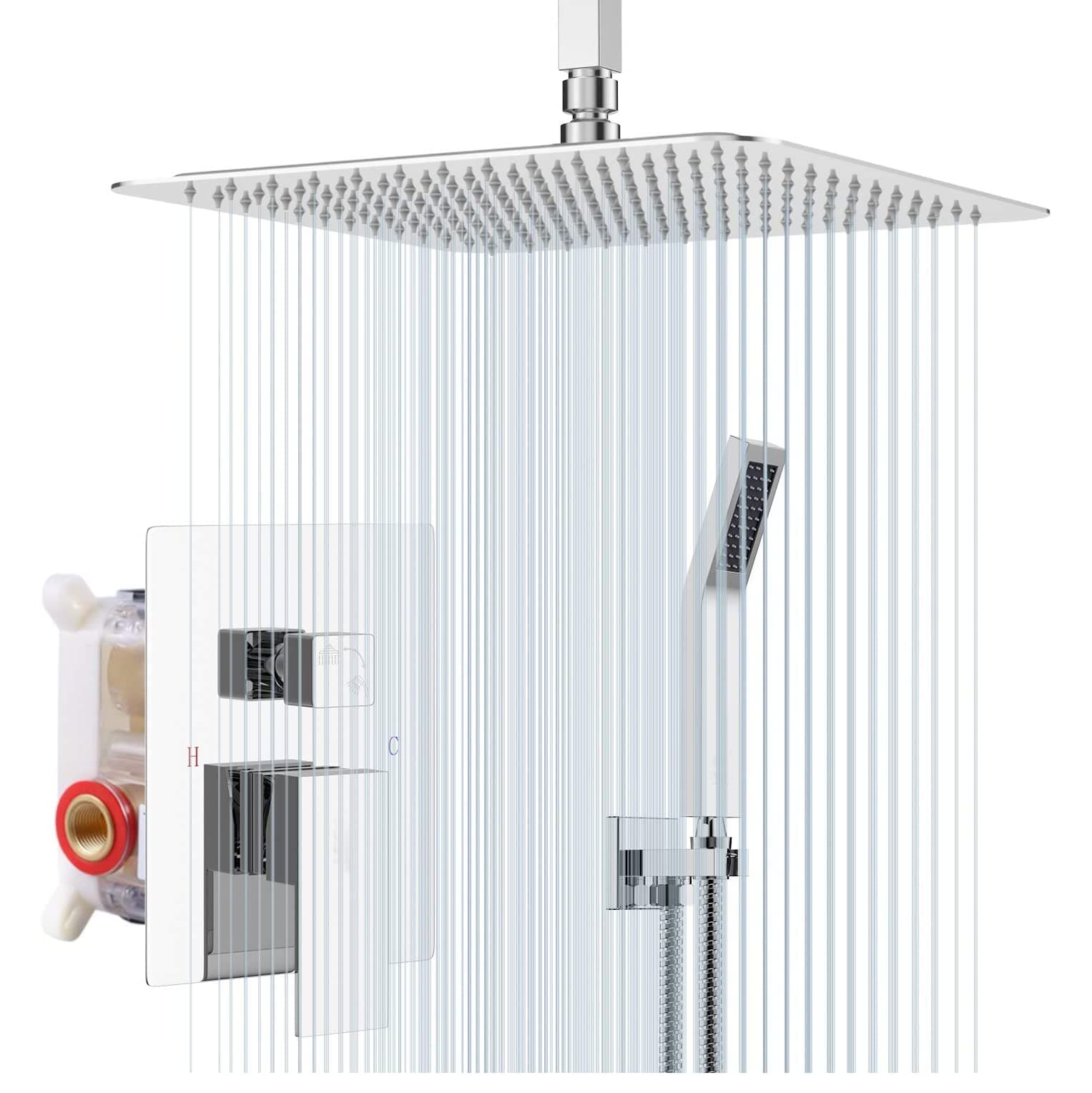 Rainfall Shower System Chrome with 10" Rain Shower Head and Handheld Sprayer Ceiling Mounted Shower Faucet Set with Brass Shower Body Valve for Bathroom