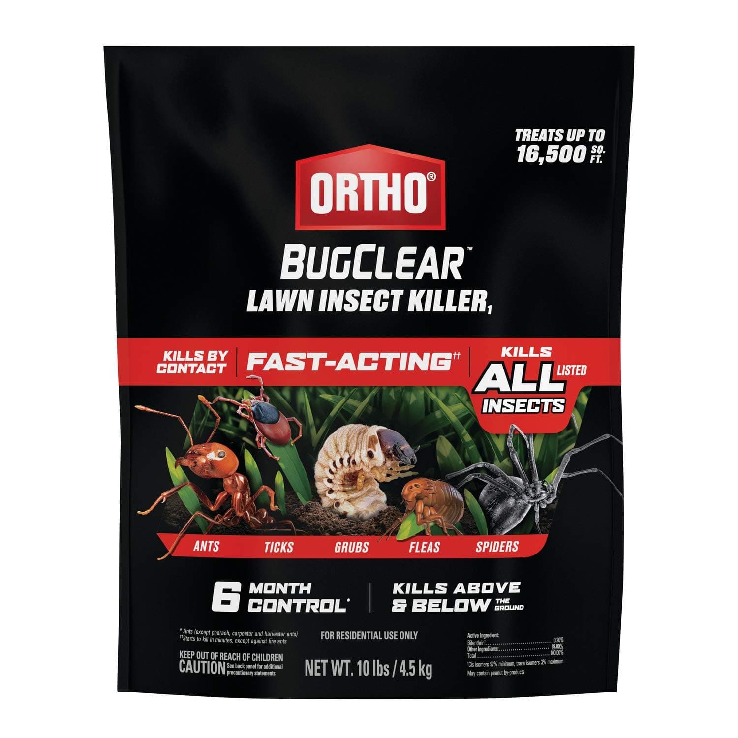 Ortho BugClear Lawn Insect Killer1 - Lawn Bug Killer Granules, Kills Ants, Spiders, Ticks, Fleas, & Grubs, Treats up to 16,500 sq. ft., 10 lb.