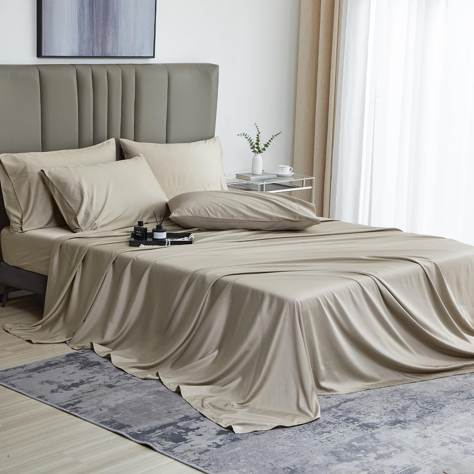 David's Home6PCS Cooling Sheets Set Queen Size, 100% Rayon Derived from Bamboo, 16" Deep Pocket 2.5cm Wider Elastic, Luxury Silky Breathable for Hot Sleeper,Breathable Smooth Soft, Light Taupe