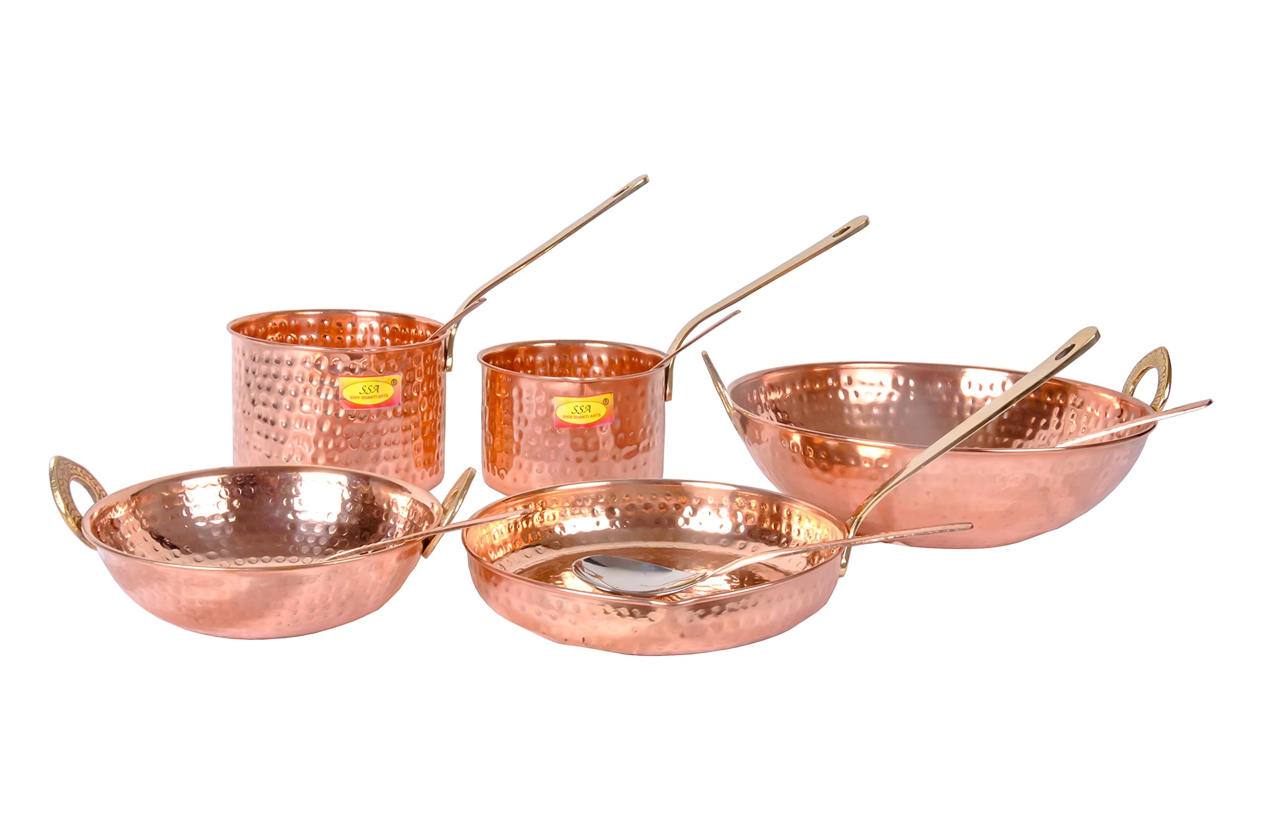 Shiv Shakti Arts® Pure Copper Cookware Set 10 Piece With Serving Spoon (Copper Sauce Pan | Kadhai Fry Pan) Brass Handle For Cooking Purpose