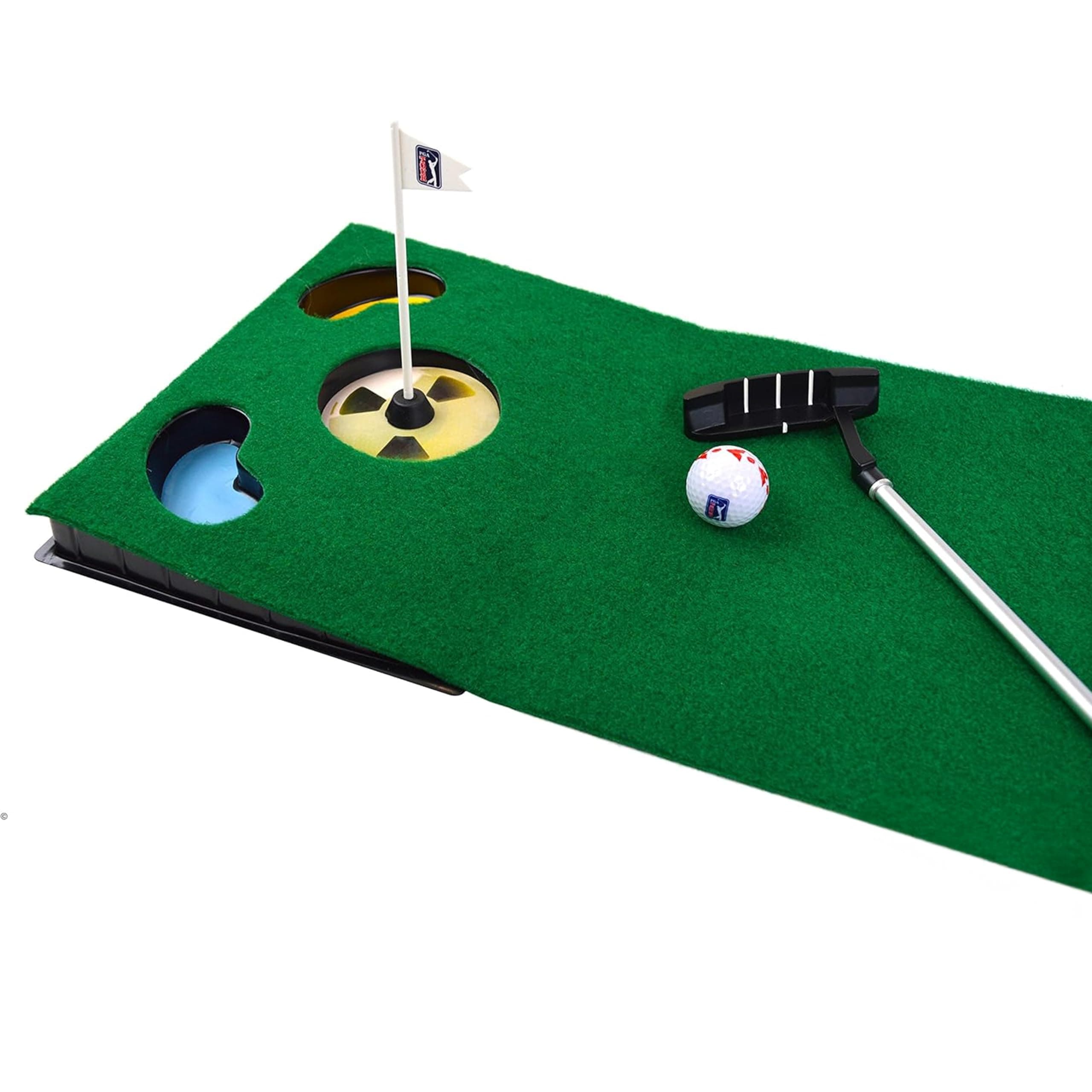 Putting Mat Indoor Golf 6ft - Golf Putting Mat with Alignment Guide, Smooth Grass Surface, Lake Traps, Target Flag, Collapsible Putter, Novelty Sports Ball Themed Golf Balls