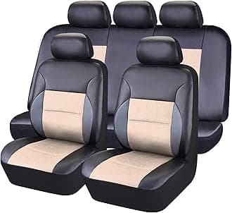CAR PASS Luxurious Faux PU Leather Universal Seat Covers Set, Car Seat Cover Full Set Fit for Vehicles Sedan SUVs Trucks with Super 5mm Composite Sponge Inside, Airbag Compatible (Black and Beige)