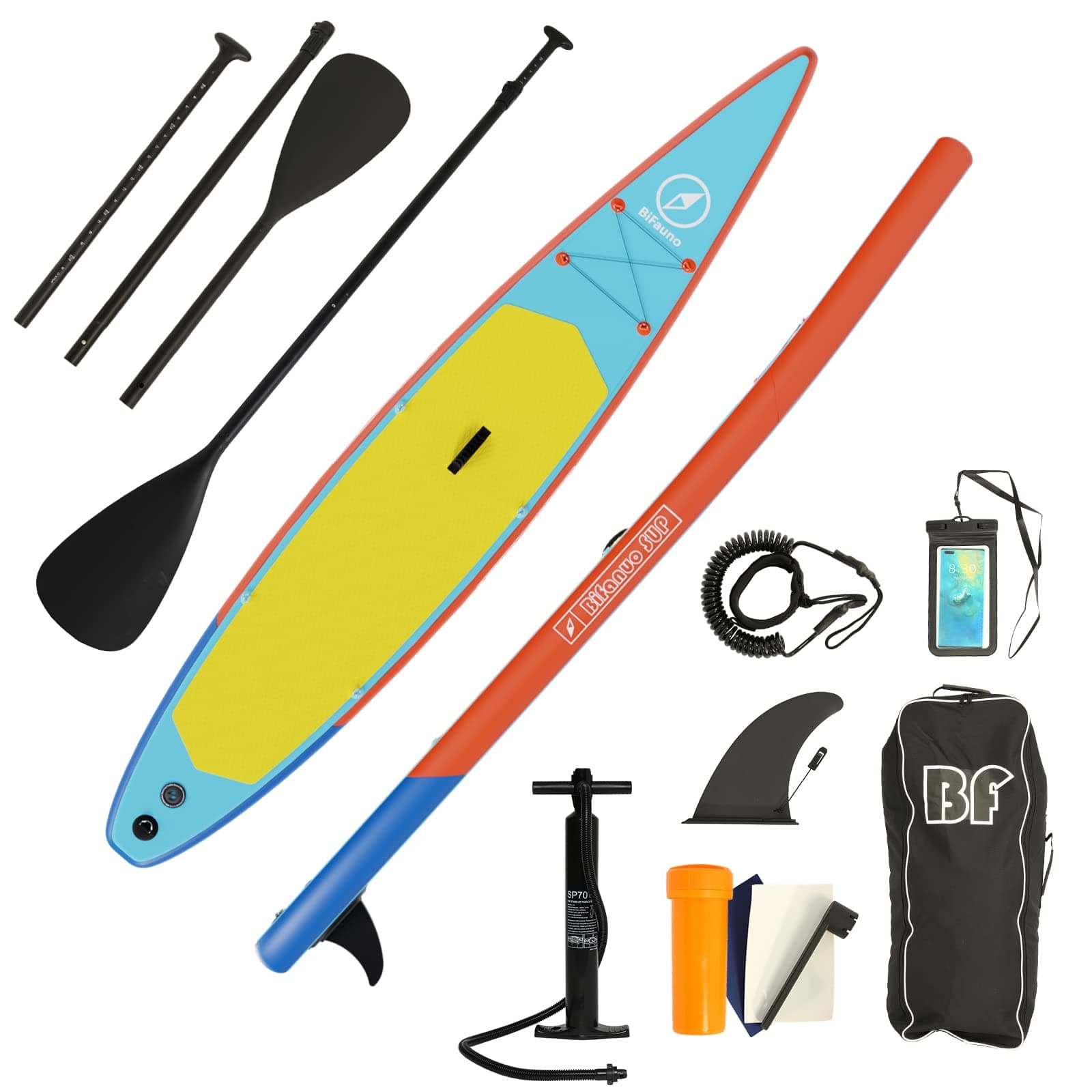 Bifanuo Inflatable Stand Up Paddle Board with SUP Accessories & Backpack. Non-Slip Deck,Wide Stance,Bottom Fin,Double Action Pump and Repair Kit.Youth & Adult Standing Boat