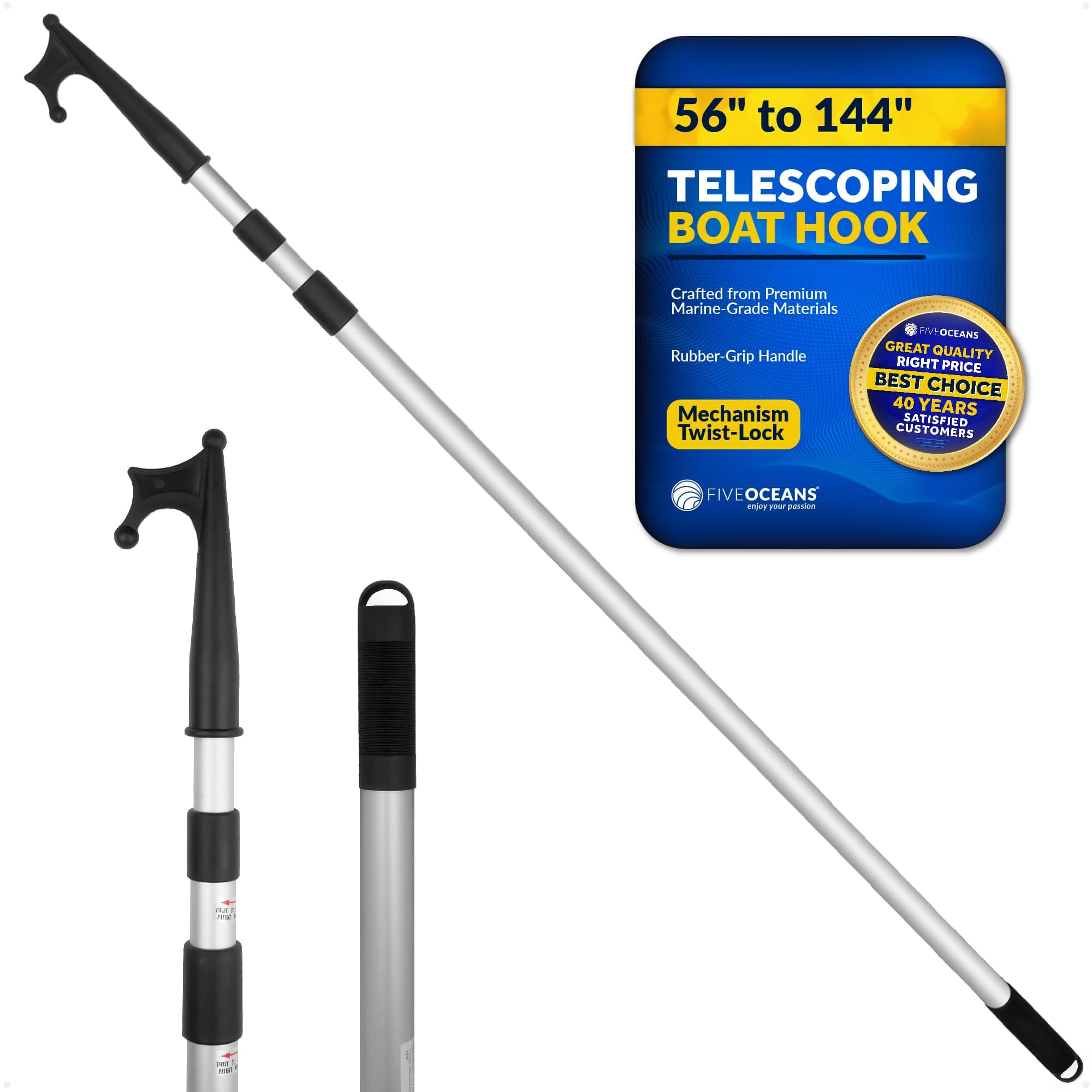 Five Oceans Telescoping Aluminum Boat Hook, Extends from 4.5 ft. (56-Inch) to 12 ft (144-Inch), Anodized Aluminum Shaft, ABS Plastic - FO3466