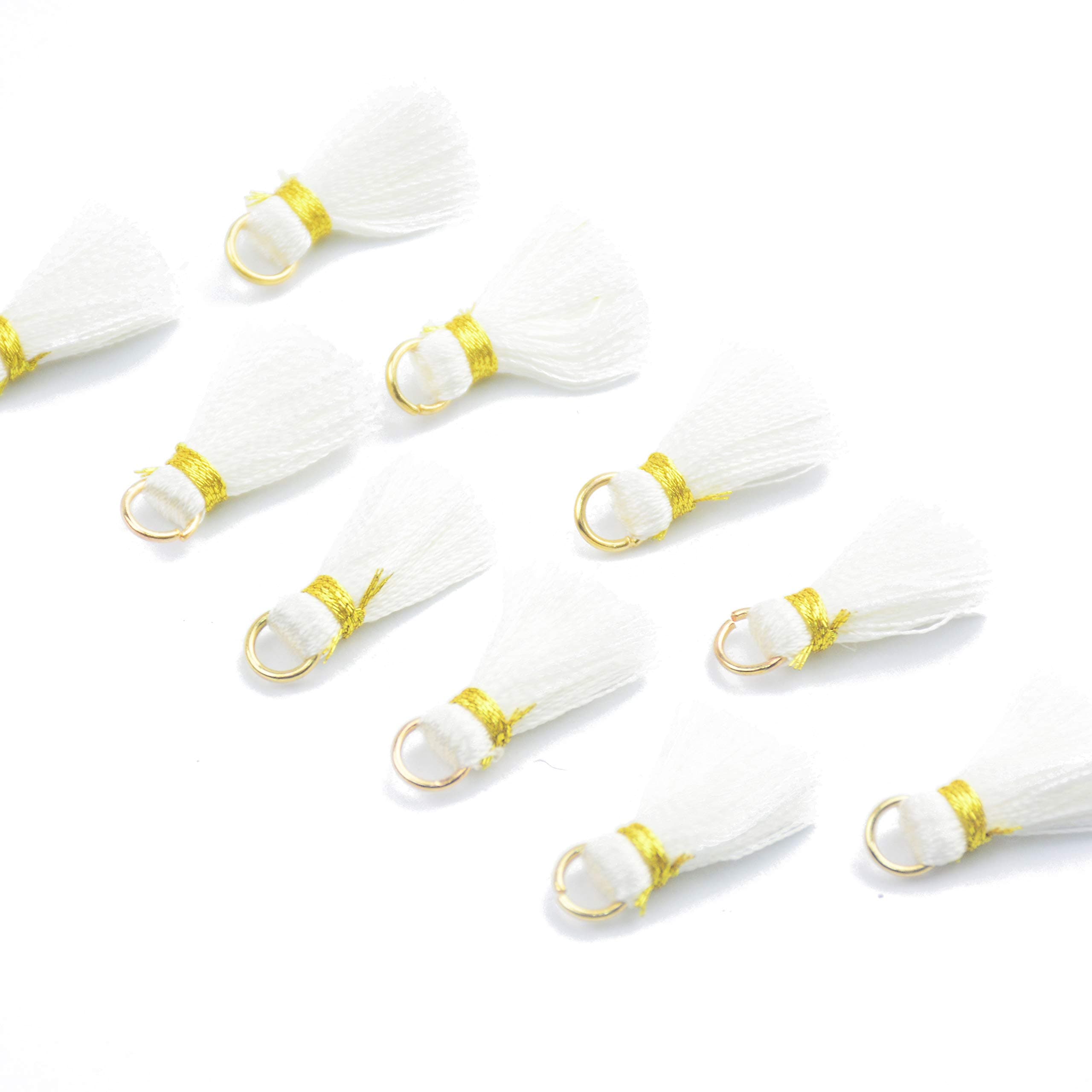 Makhry 50pc 0.8''(2cm) Mini Soft Handmade Silky Floss Tassel with Gold Gold Jump Ring for Woman Earrings, Jewelry Making, Souvenir, DIY Craft Accessory (50, White)