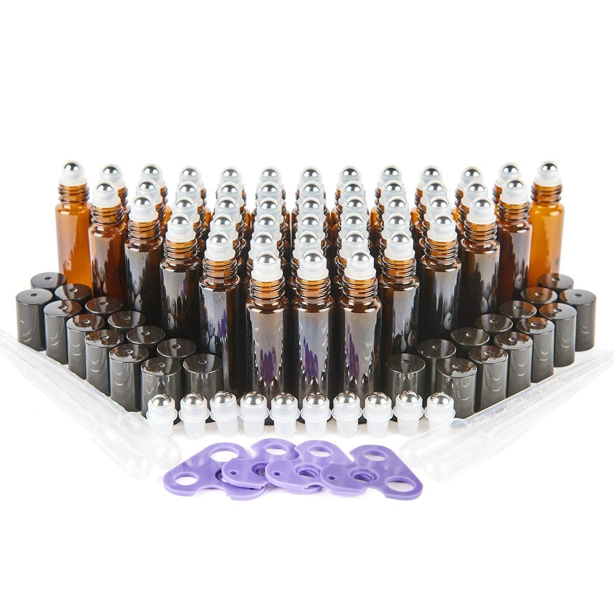 Lotusbtdt Glass Roller Bottles, 48 Pack 10ml Amber Empty Essential Oil Roller Bottles with Stainless Steel Balls (4 Droppers, 10 Extra Roller Balls, 4 Openers, 2 Plastic Funnels, 60 Waterproof Labels)