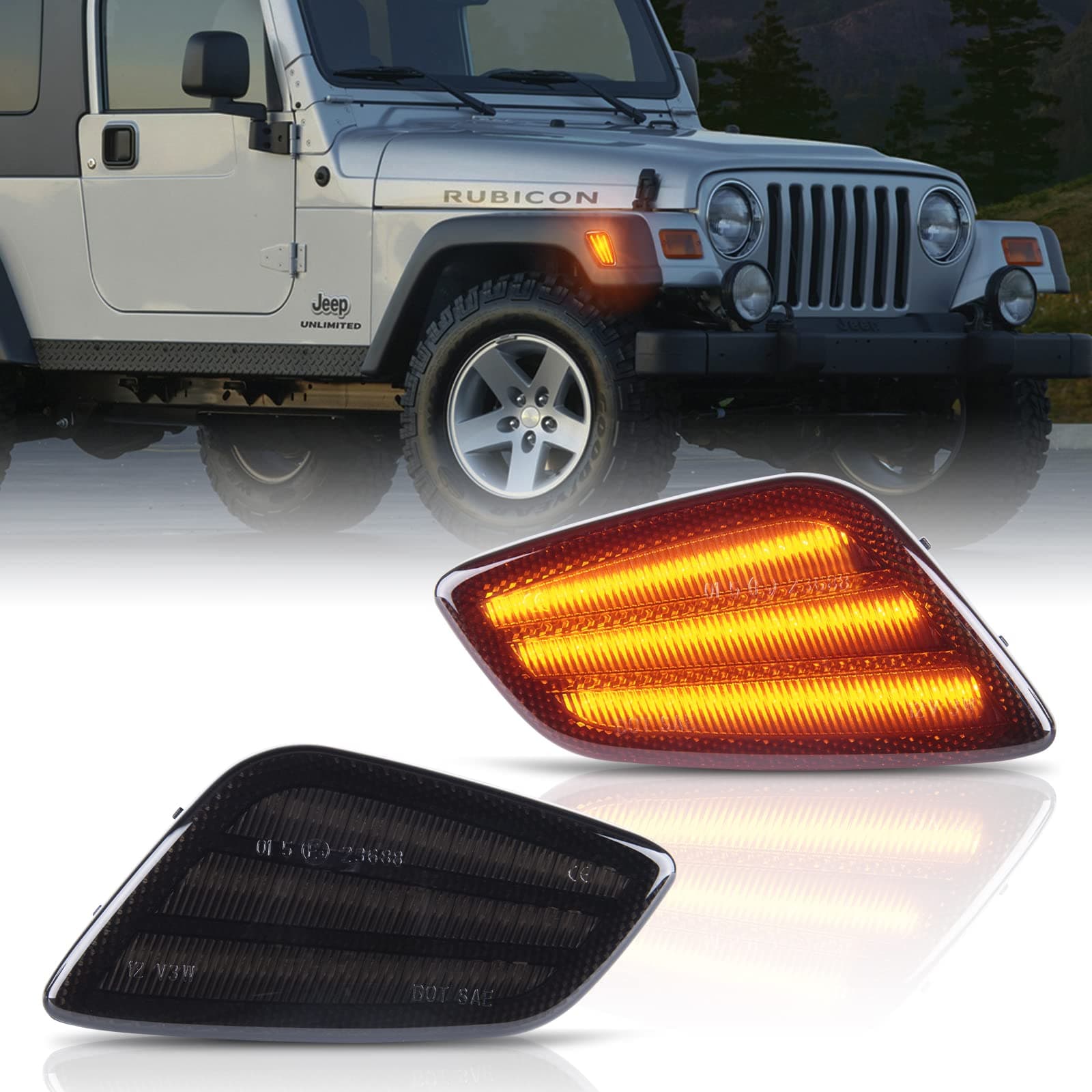 Gempro Led Side Marker Lights Front Signal Lamps for 1997-2006 Wrangler TJ 55155629AC 55155628AC Driver and Passenger, 2PCS (Smoked Len)