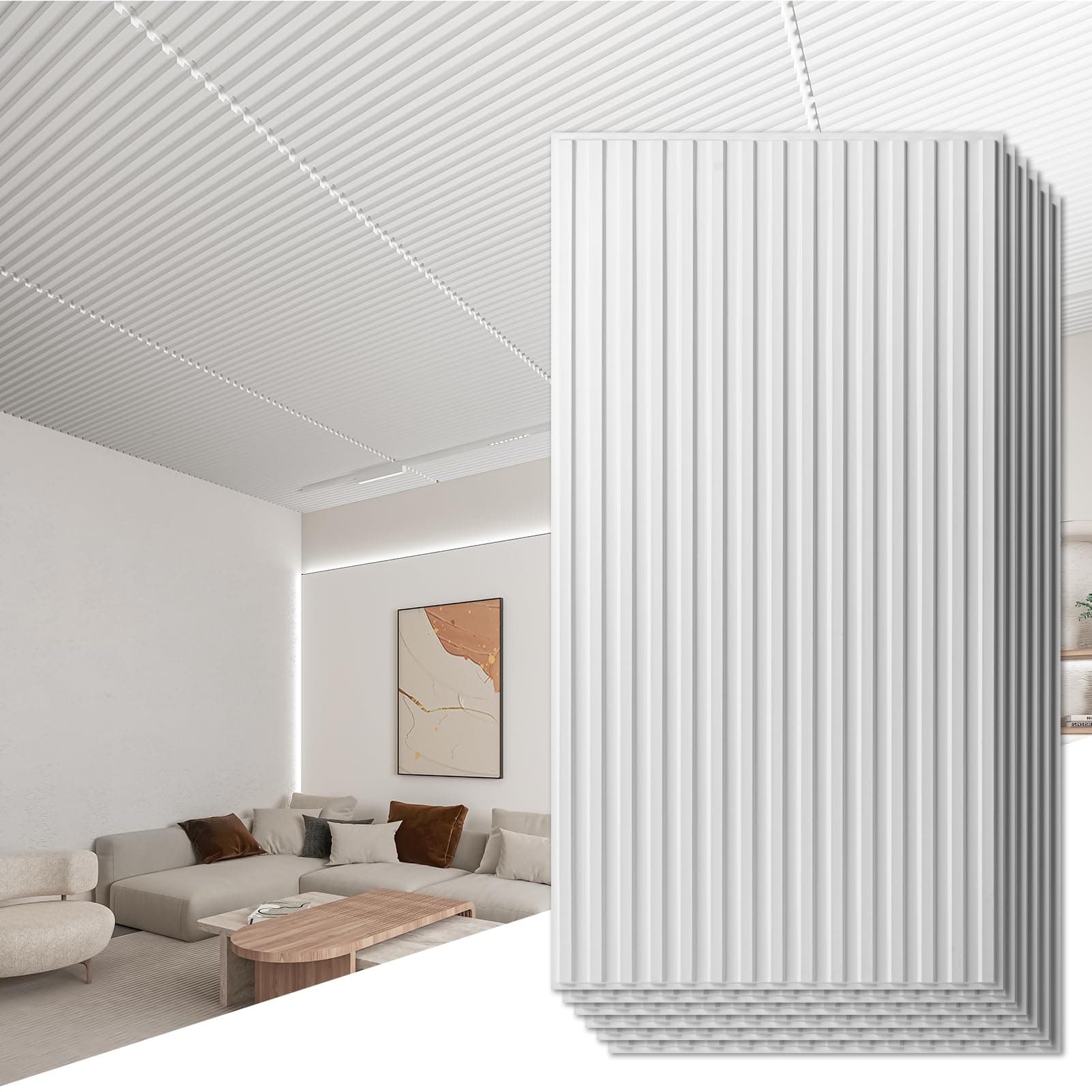 6-Pack Slat Design 3D Wall Panels for Interior Wall Decor, 2x4 FT PVC Decorative Drop Ceiling Tiles - White