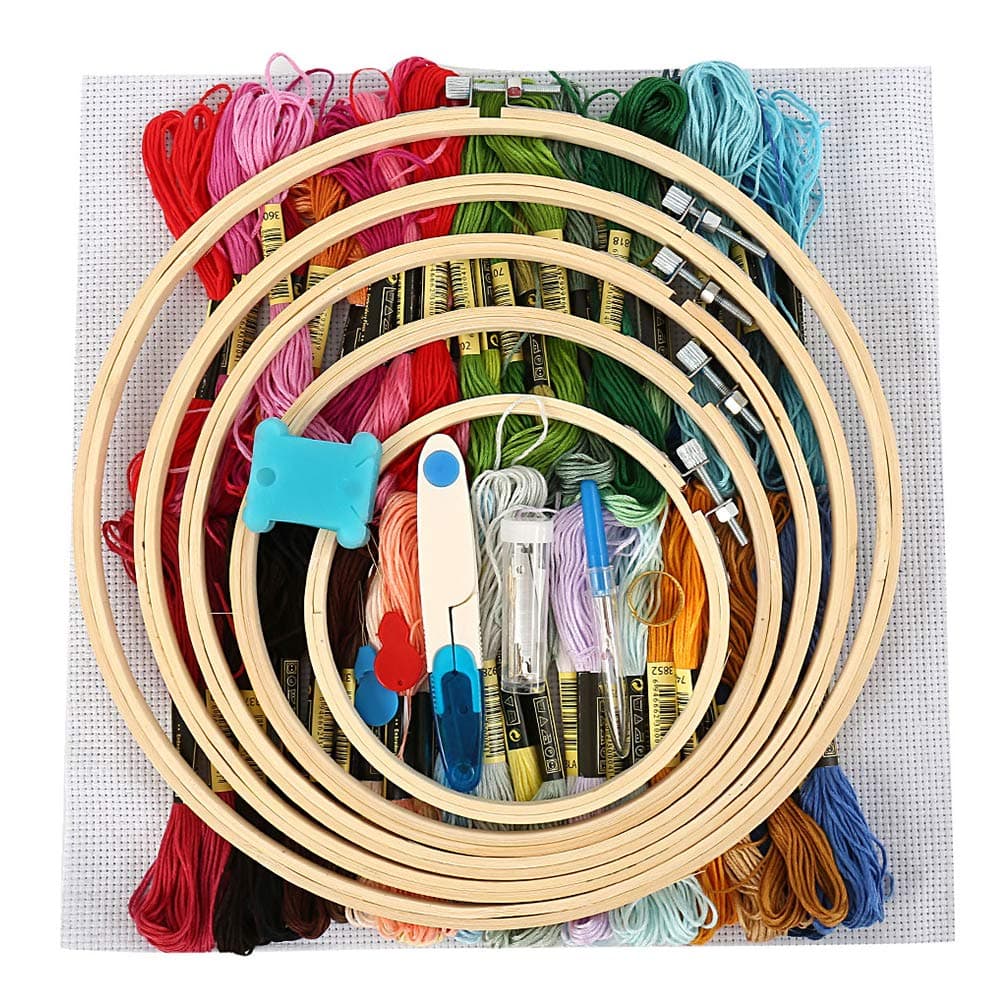 Embroidery Starter Kit for Beginner Cross Stitch Tool Kit with 5 Bamboo Embroidery Hoops 50 Color Threads and Tools
