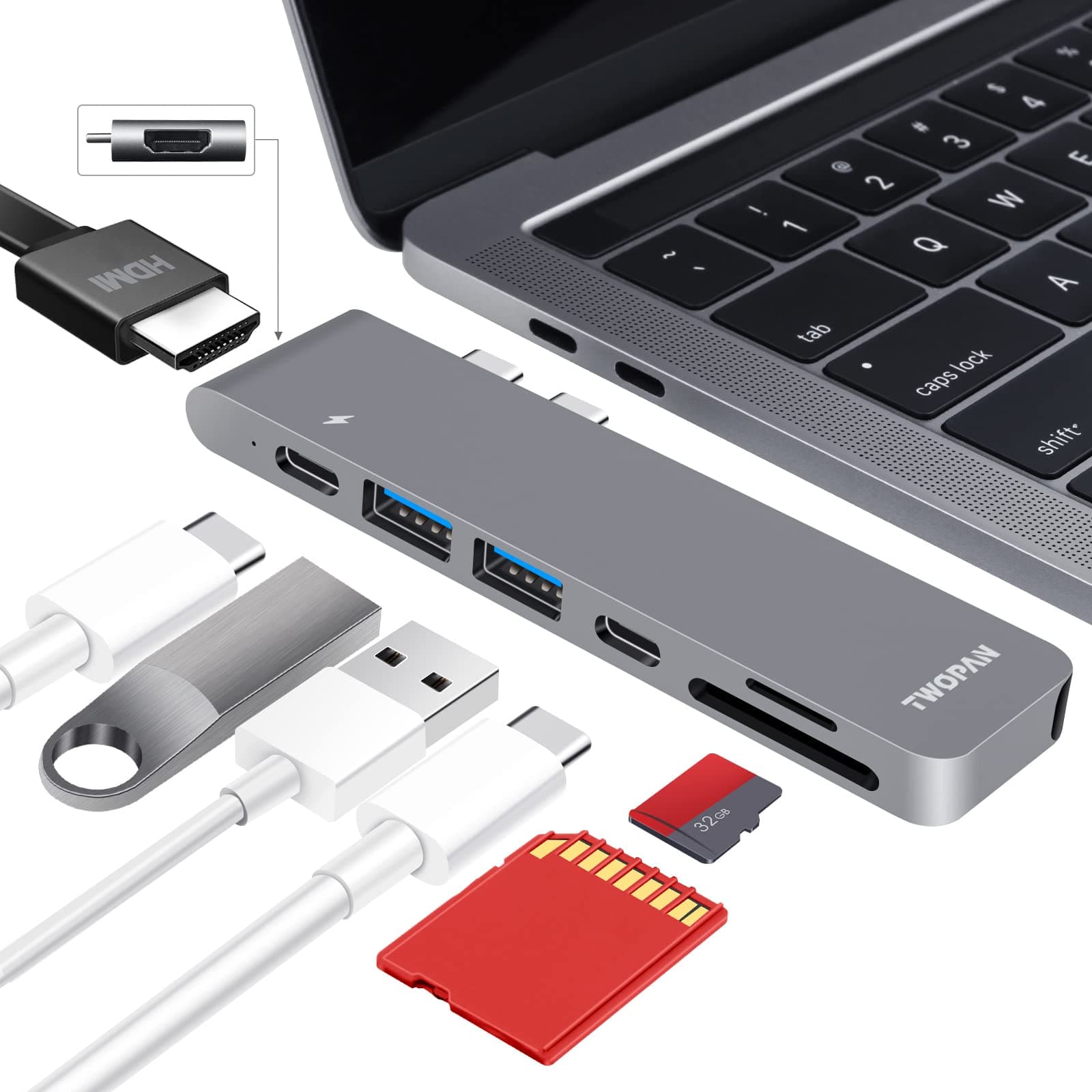 USB C Hub for MacBook Pro, 7 in 2 USB C to 4K HDMI Multiport Adapter, Thunderbolt PD Port, USB 3.0 Ports, SD/TF Card Reader for MacBook Air/Pro 2020/2019/2018