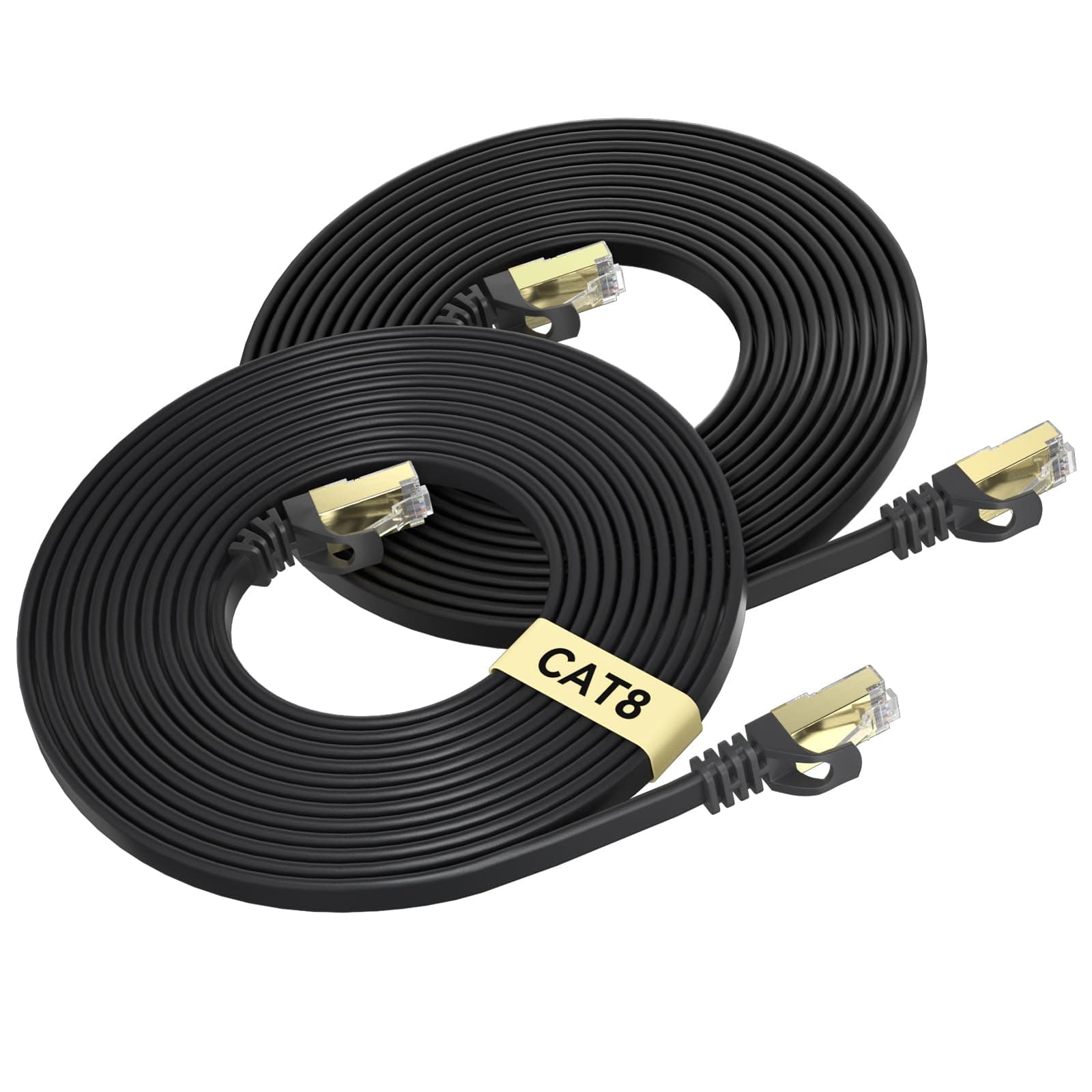 Cat 8 Ethernet Cable 15 FT 2-Pack, 40Gbps 2000MHz Cat8 High Speed Flat Internet Network Patch Cord, SFTP Shielded LAN Wire with Gold Plated RJ45 Connector for Outdoor Indoor - 15FT Black