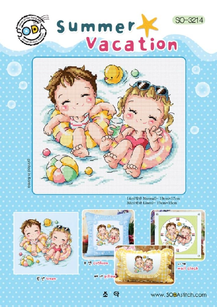 SO-3214 Summer Vacation, SODA Cross Stitch Pattern leaflet, authentic Korean cross stitch design chart color printed on coated paper