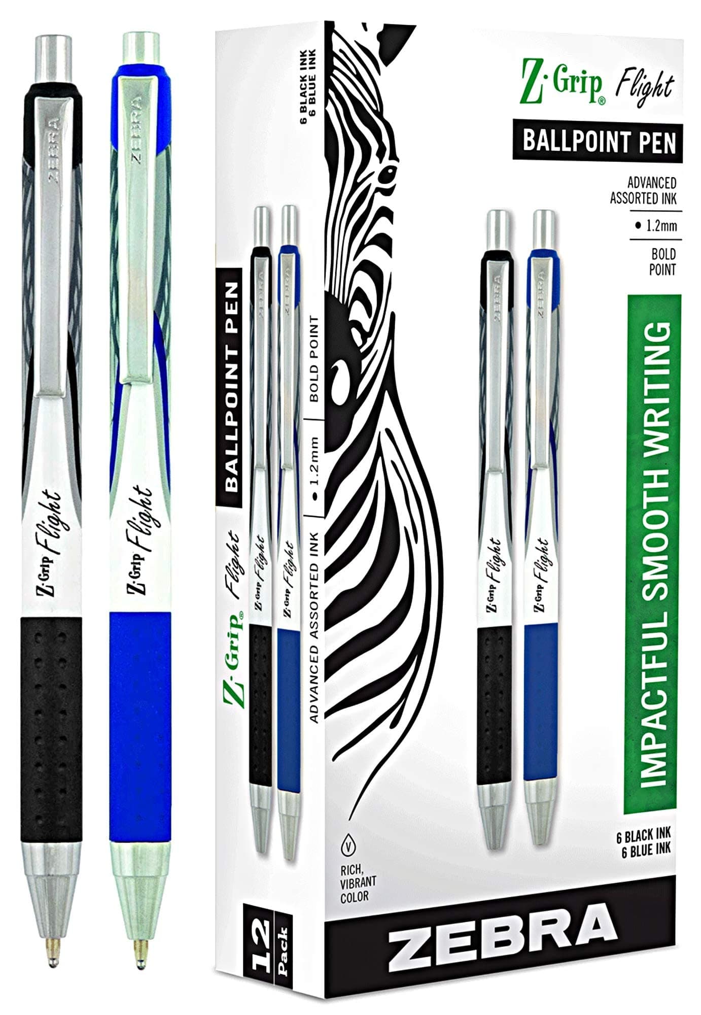 Z-Grip Flight, Large Bulk Combo Pack of 6 BLACK INK & 6 BLUE INK Retractable Ballpoint Pen (Total of 12 Pens), Bold Point 1.2mm, ink pens