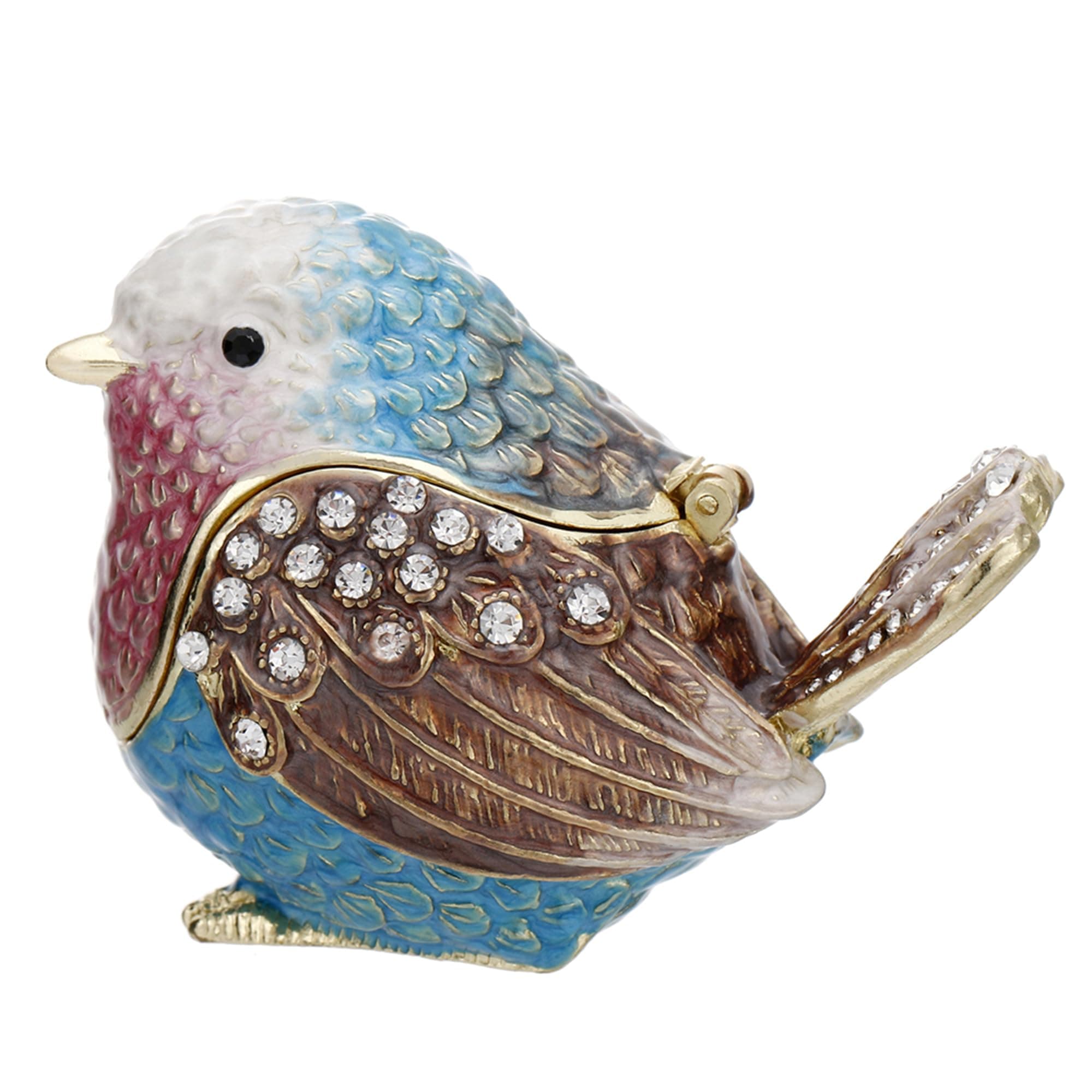 Vie jeune Hand Painted Enamel Sparrow Trinket Box, Hinged Unique Mini Ring Necklace Jewelry Organizer, Classical Bejeweled Storage, Figurine Collectible Keepsake Home Decor (Robin Bird-Blue)