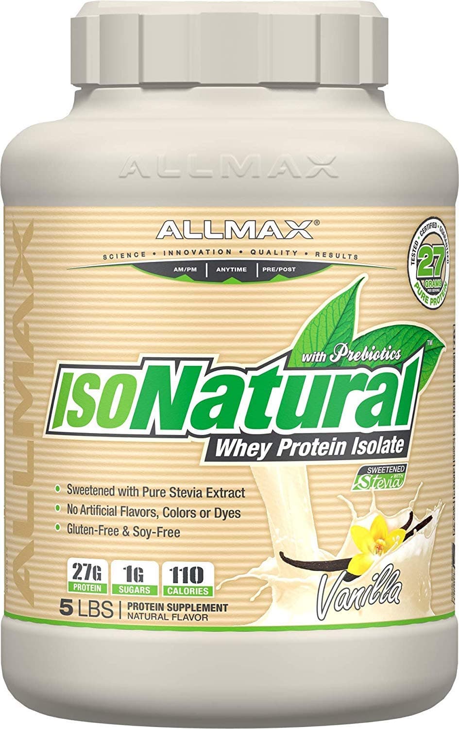 ALLMAX ISONATURAL Whey Protein Isolate, Vanilla - 5 lb - 27 Grams of Protein Per Scoop - Zero Fat & Sugar - 99% Lactose Free - With Prebiotics - No Artificial Flavors - Approx. 73 Servings