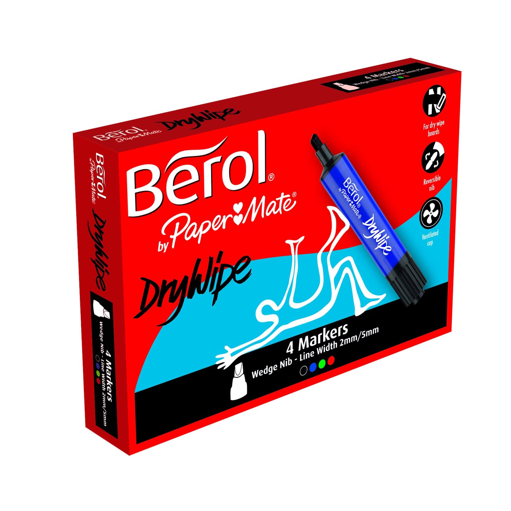 Berol Dry Wipe Whiteboard Marker Chisel Nib 2mm/5mm - Assorted Colours (Box of 4)