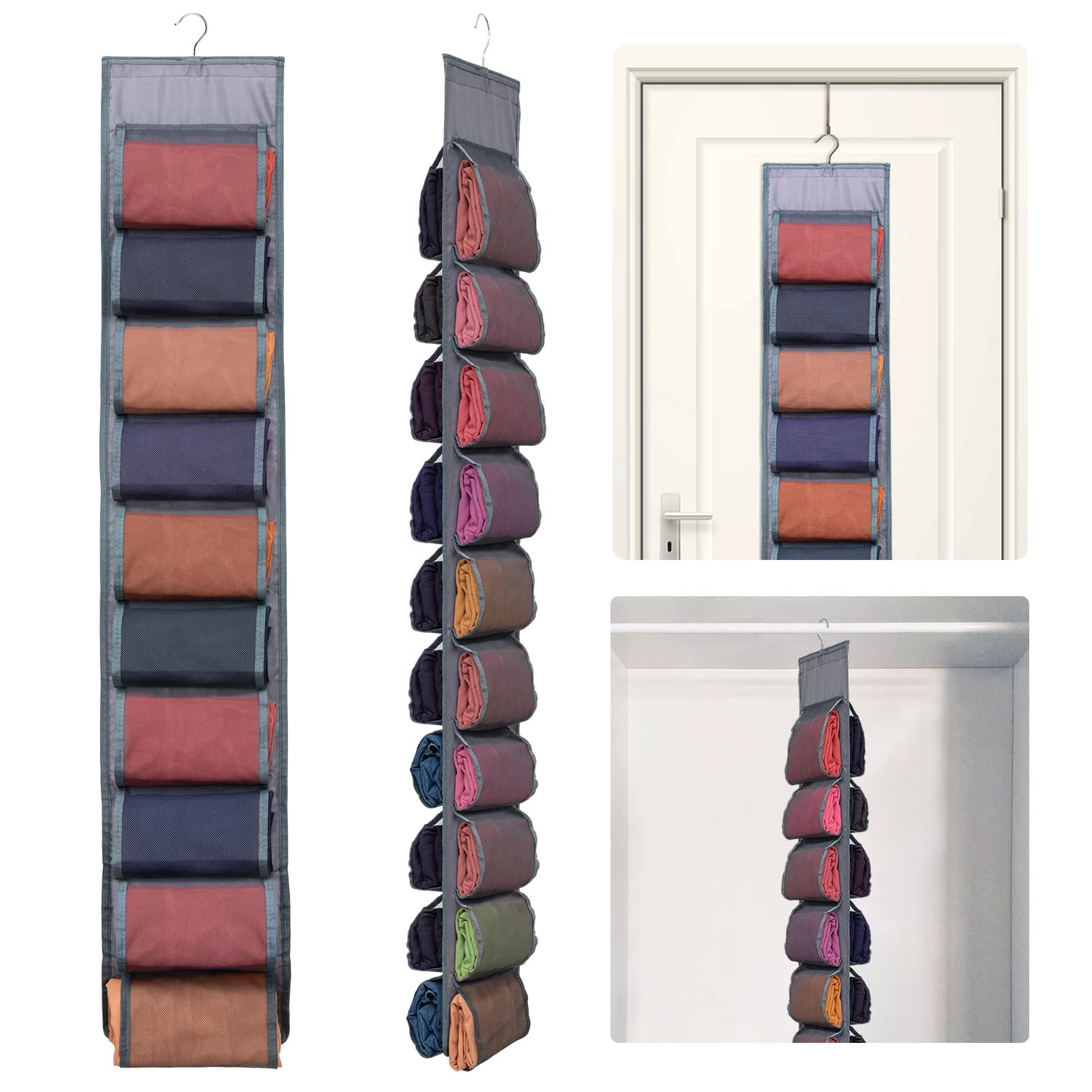 AulockAulock 2 Pack Legging Storage Organizer- Hanging Closet Organizer System Clothes Closets Holder with 20 Roll Independent Compartments for Yoga Leggings T-Shirts Bras Socks Pants Tank Top Towel(Grey)