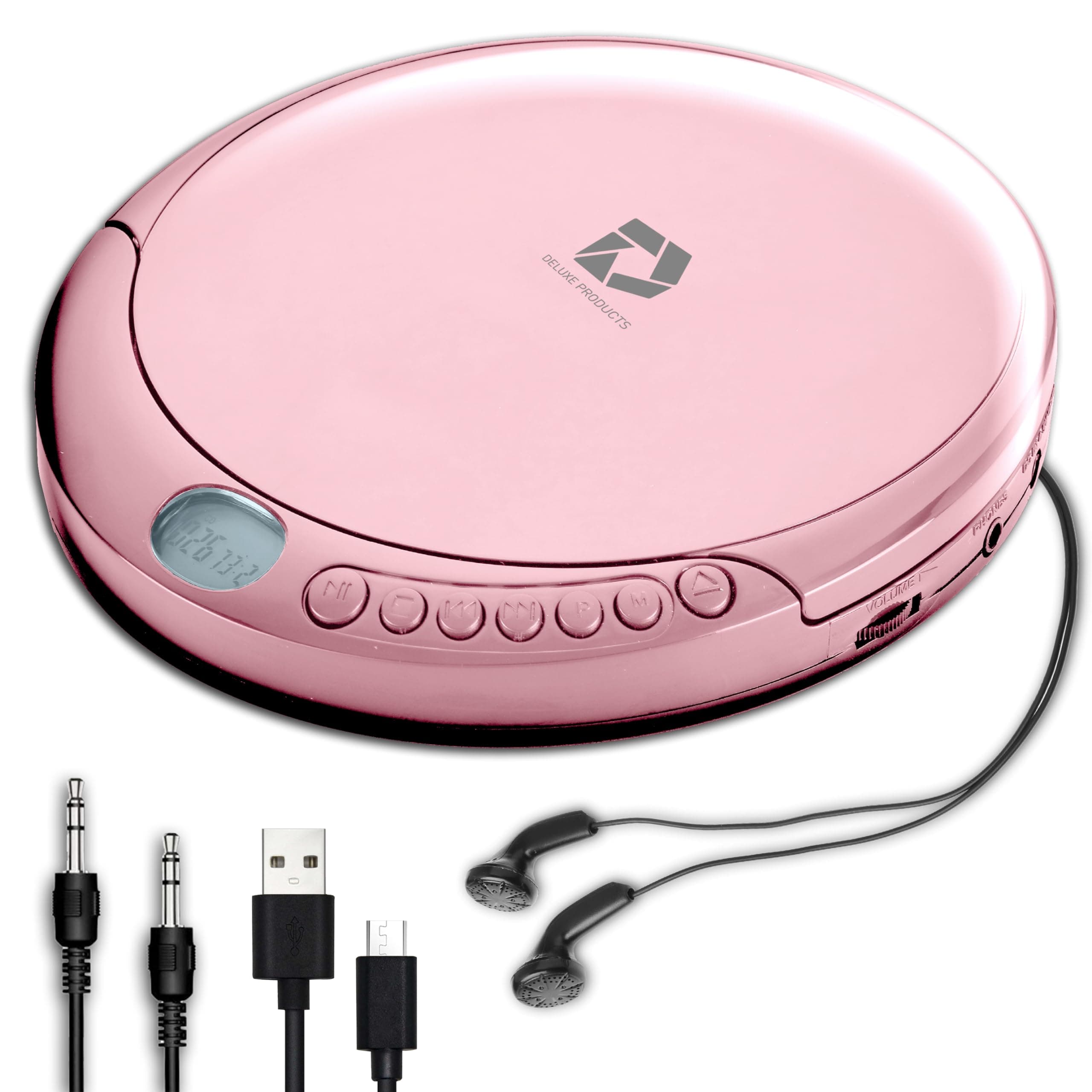 CD Player Portable with 60 Second Anti Skip, Stereo Earbuds, Includes Aux in Cable and AC USB Power Cable for use at Home or in Car. Pink