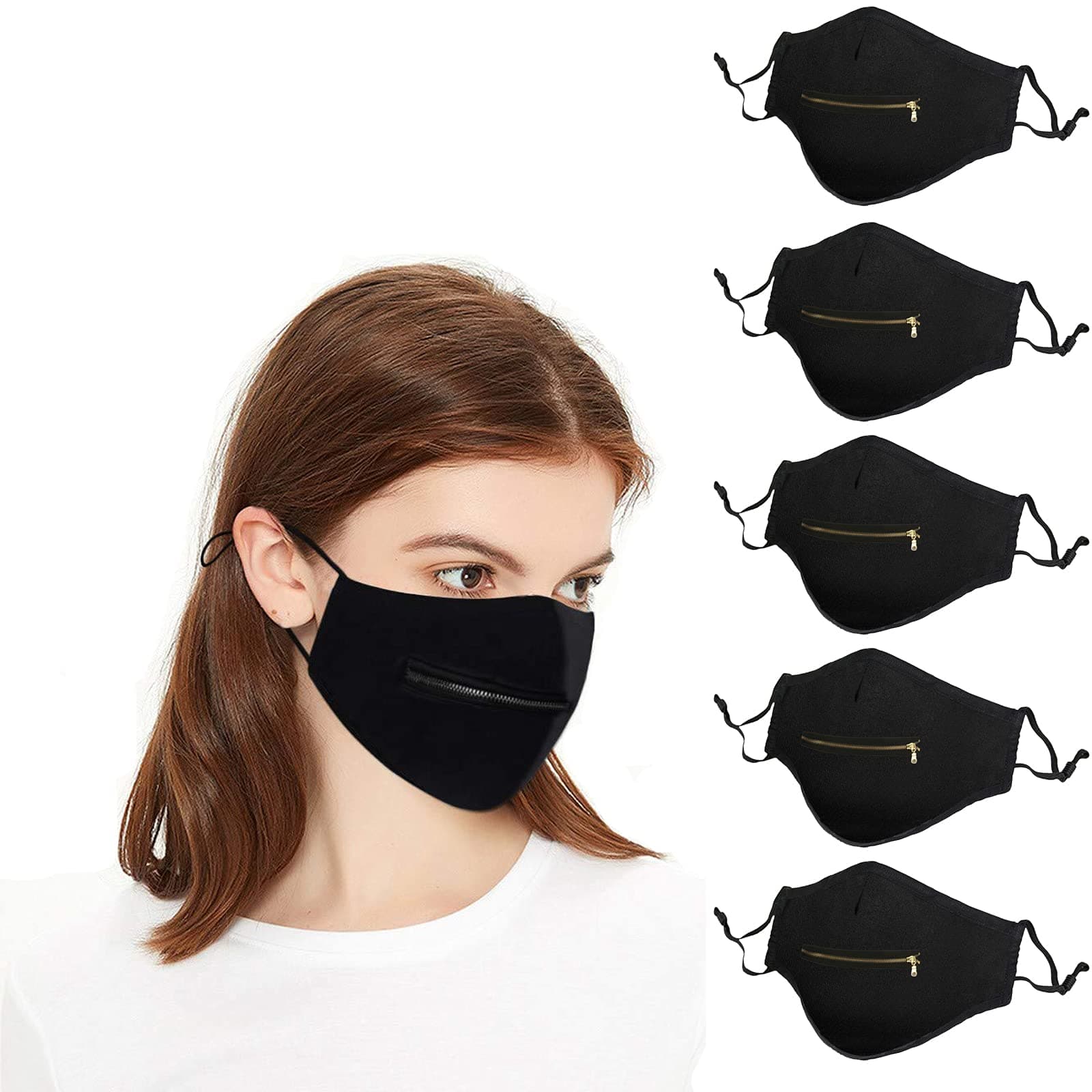 5 Pack Zipper Face_Mask with Open Hole for Drinking Musical Instruments Performance, Reusable Protective Adjustable Face_Mask with Nose Wire for Glasses Outdoor Bar Holiday Party