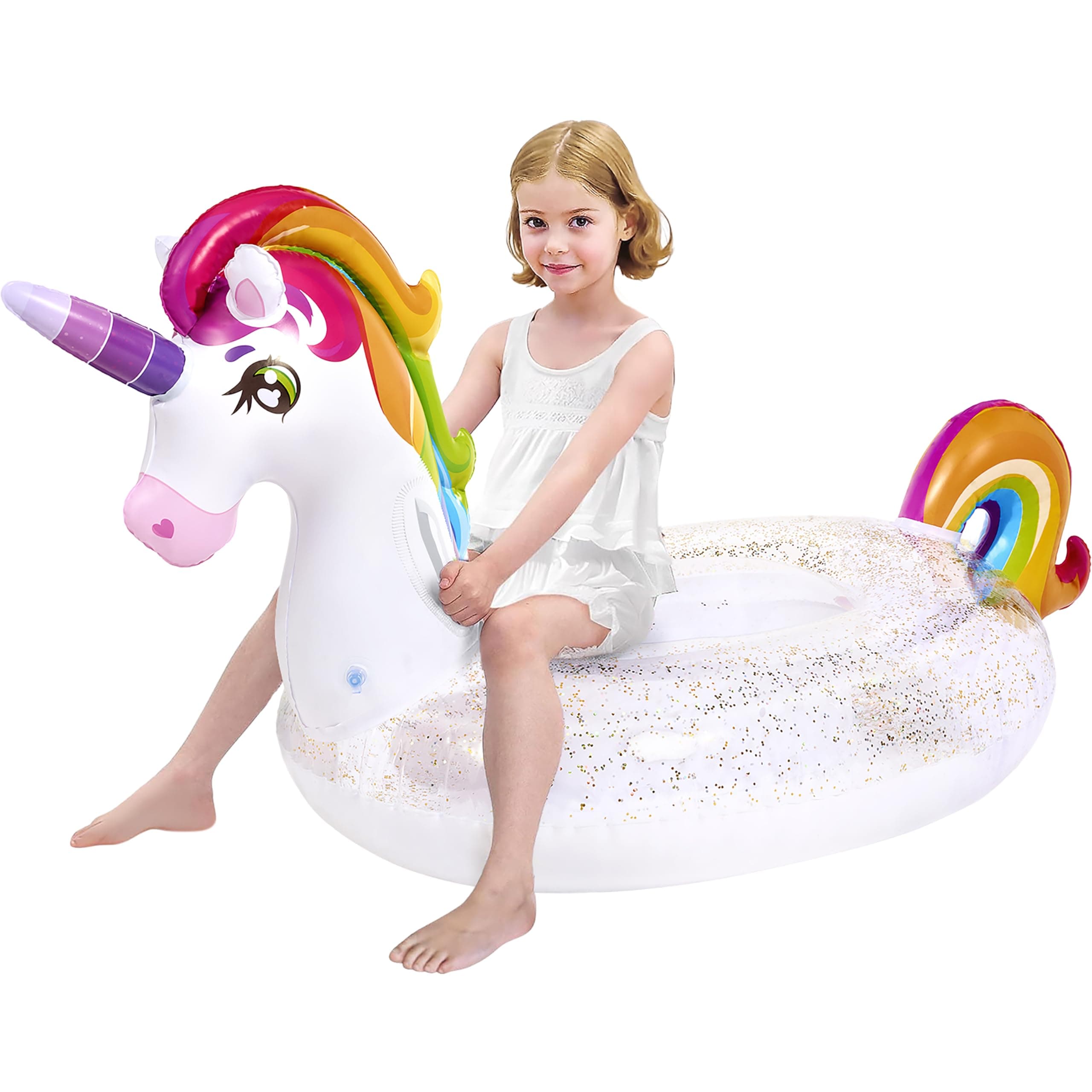JOYIN Unicorn Pool Float Kids - Inflatable Rainbow Unicorn Floaty with Glitters Fun Floats, Ride On Beach Lake Floaties Raft Lounge, Party in Summer Decorations Pool Toys for Kids