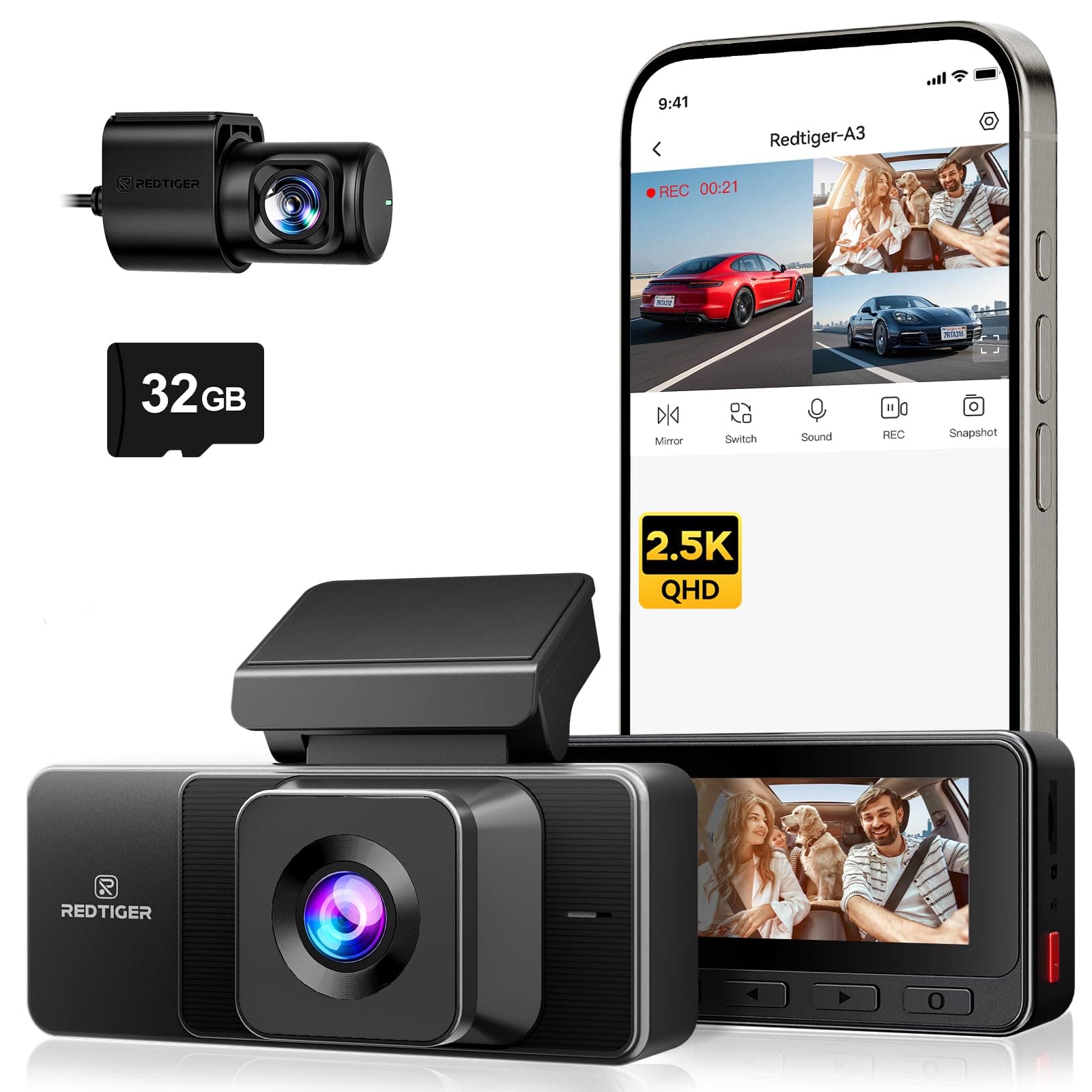 - A3 3 Channel Dash Cam Front and Rear Inside, 2.5K + 1080P + 1080P Dash Camera for Cars with WiFi, IR Night View, 3.18" Screen, Parking Mode, Loop Recording, 32GB Card Included, Support 256GB
