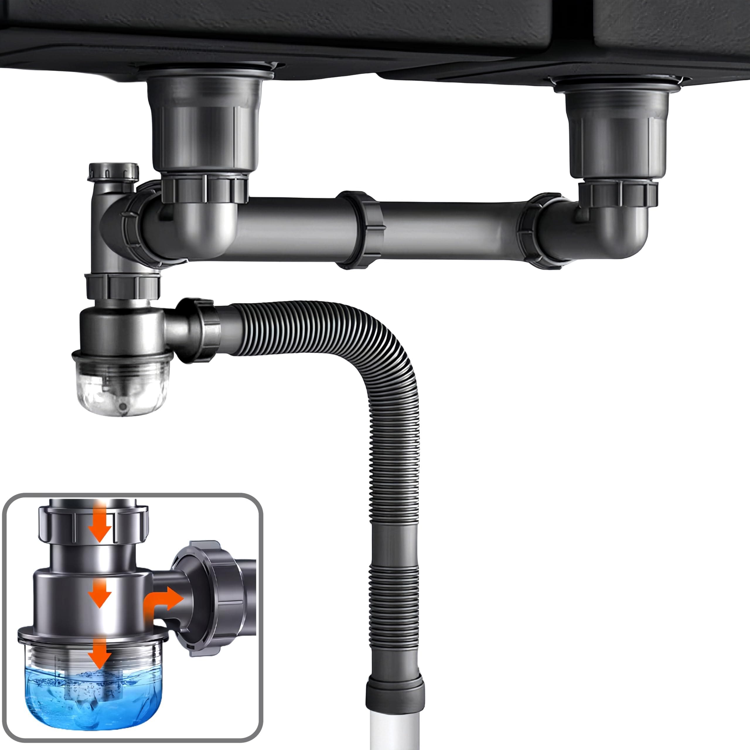 Expandable Flexible 1 1/2" or 1 1/4" Pipe Kit for Double Kitchen Sink with Anti-Odor Sealing, All-In-One Drain Kit for Double Bowl Sinks, Space Saving, Suitable for Kitchen, Bathroom, and Restroom
