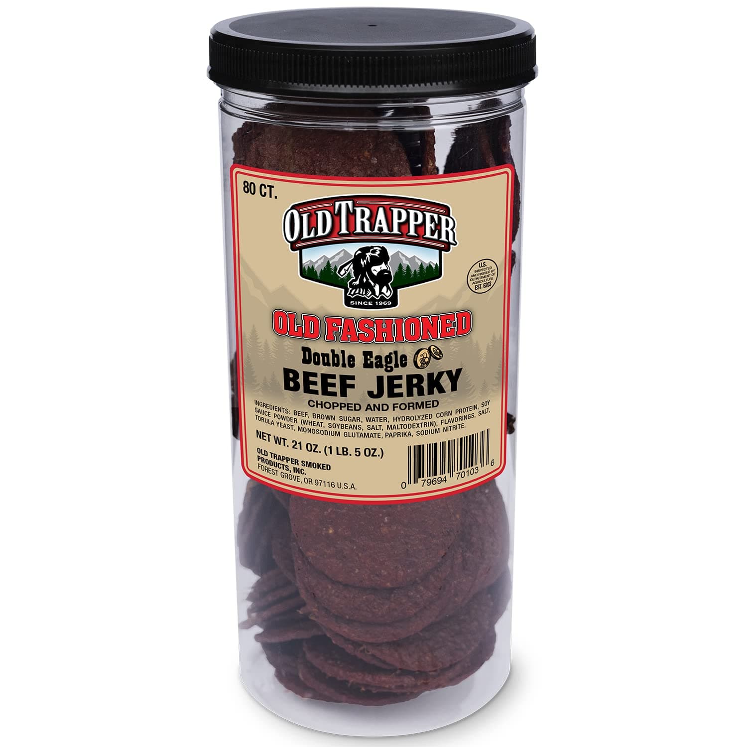 Double Eagle Beef Jerky, Old-Fashioned Flavor, 21oz. 80-Piece Jar, Natural Wood Smoked Meat Snacks, 10 Grams of Protein and 80 Calories per Serving (Pack of One)