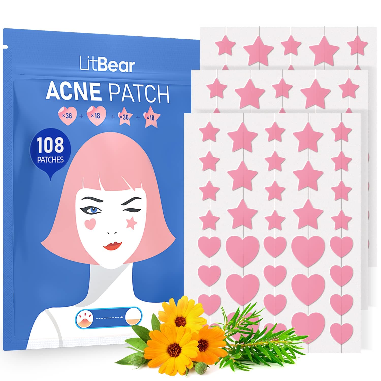 Acne Patch Pimple Patch, Pink Heart & Star Shaped Acne Absorbing Cover Patch, Hydrocolloid Acne Patches For Face Zit Patch Acne Dots, Tea Tree Oil + Centella (108 Count (Pack of 1))
