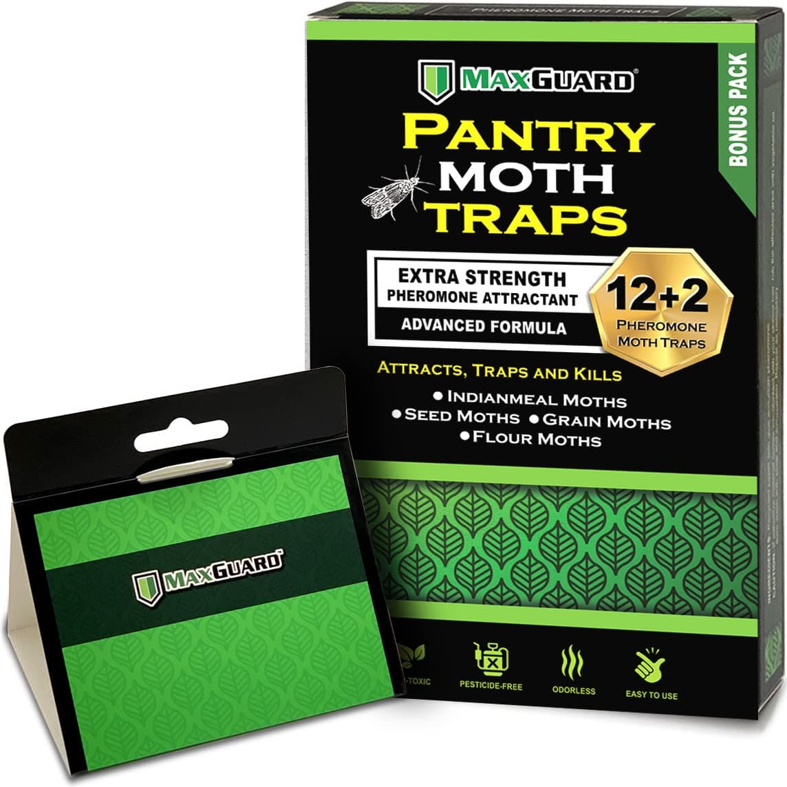 MAXGUARD Pantry Moth Traps (12 Pack + 2 FREE) with Powerful Pheromones | Non-Toxic Adhesive Glue Traps for Kitchen Food Cupboard Moths | Catch and Kill Seed Grain Flour, Mealga |