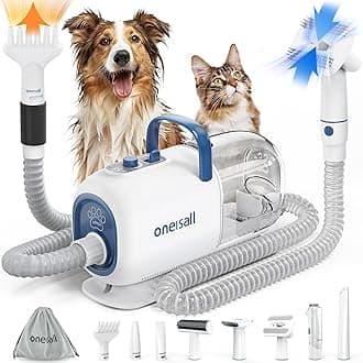 - oneisall Dog Vacuum & Dryer for Shedding Grooming, 8 in 1 Dog Grooming Kit with Metal Blade Pet Clippers, Adjustable Speed and Temperature Control Blower