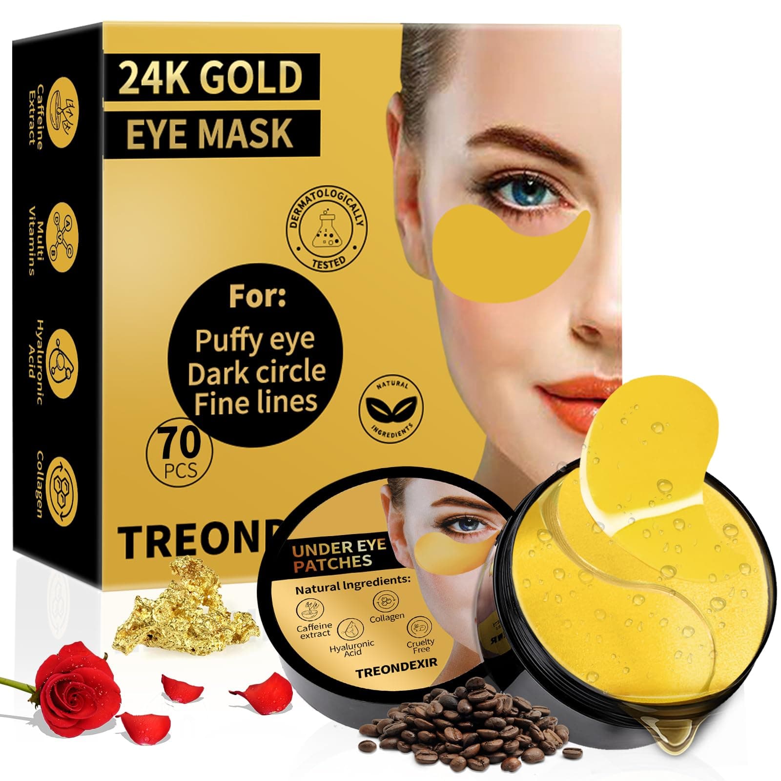24K Gold Eye Masks for Dark Circles and Puffiness 70PCS, Under Eye Patches for Puffy Eyes Treatment, Under Eye Gel Pads w/ Collagen, Caffeine, Peptides for Eye Bags Treatment, Gel Eye Mask Skincare