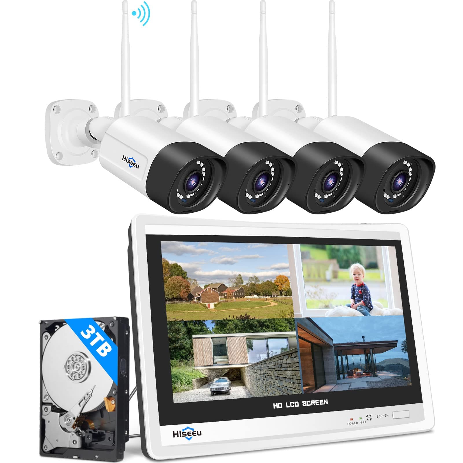 – 【5MP+3TB Hard Drive】Hiseeu Wireless Security Camera System with 12"Monitor Wireless CCTV System 10CH NVR,4x5Megapixel Outdoor WiFi IP Camera with 2-Way Audio Night Vision Remote View Instant Alert